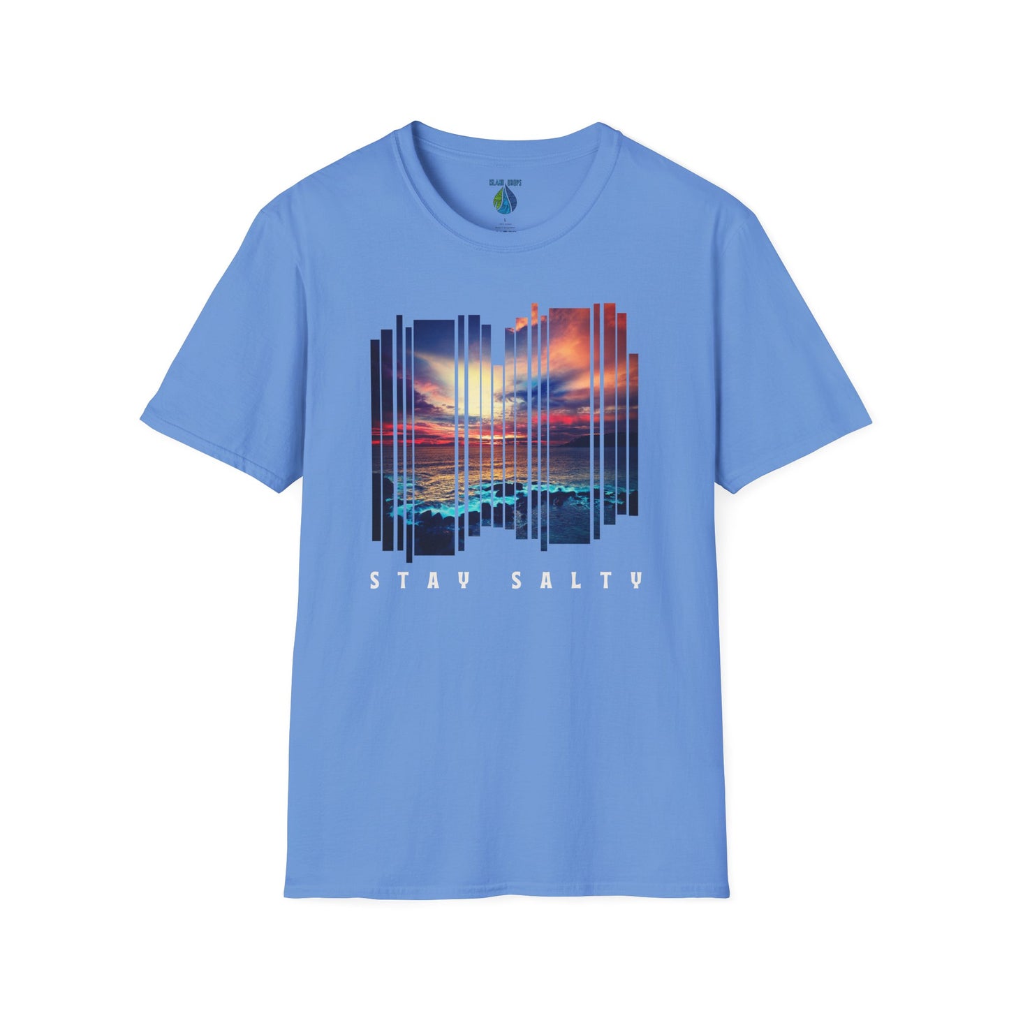 Blue t-shirt  with 'STAY SALTY' text and stylized sunset graphic design - Island Drops t-shirt collection | Unisex t-shirts
