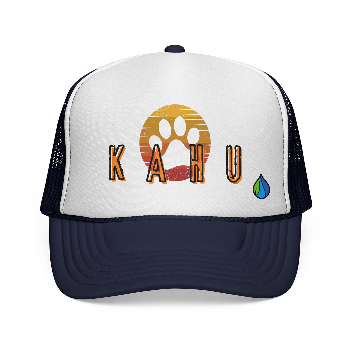Navy blue cap with 'KAHU' branding with sunset paw print graphic design - Island Drops hat collection | Unisex trucker hat, trucker cap
