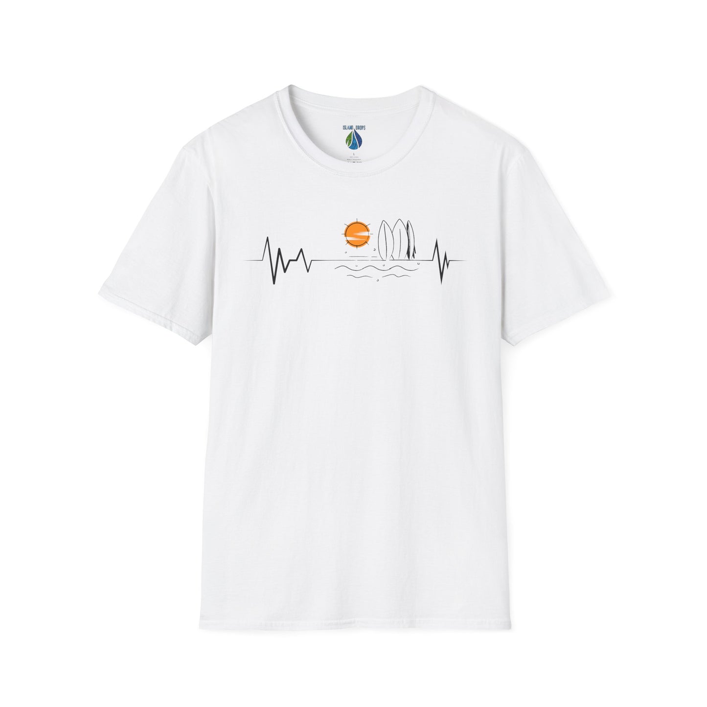 White t-shirt with sunset heartbeat graphic design with surfboards and ocean graphics - Island Drops t-shirt collection | Unisex t-shirts