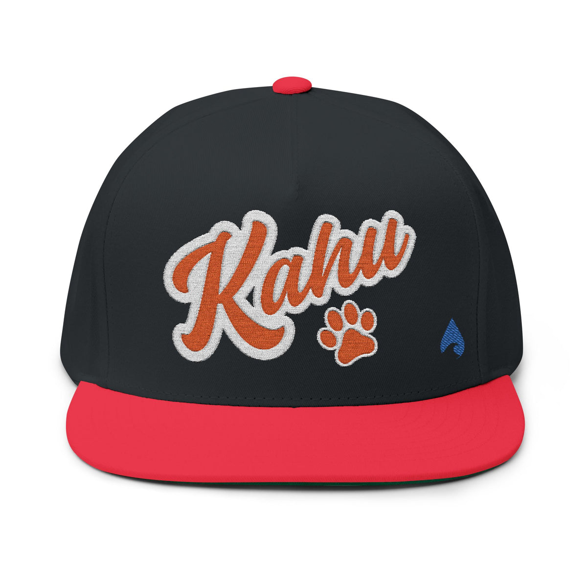 Black and red Kahu snapback cap with orange embroidered paw logo