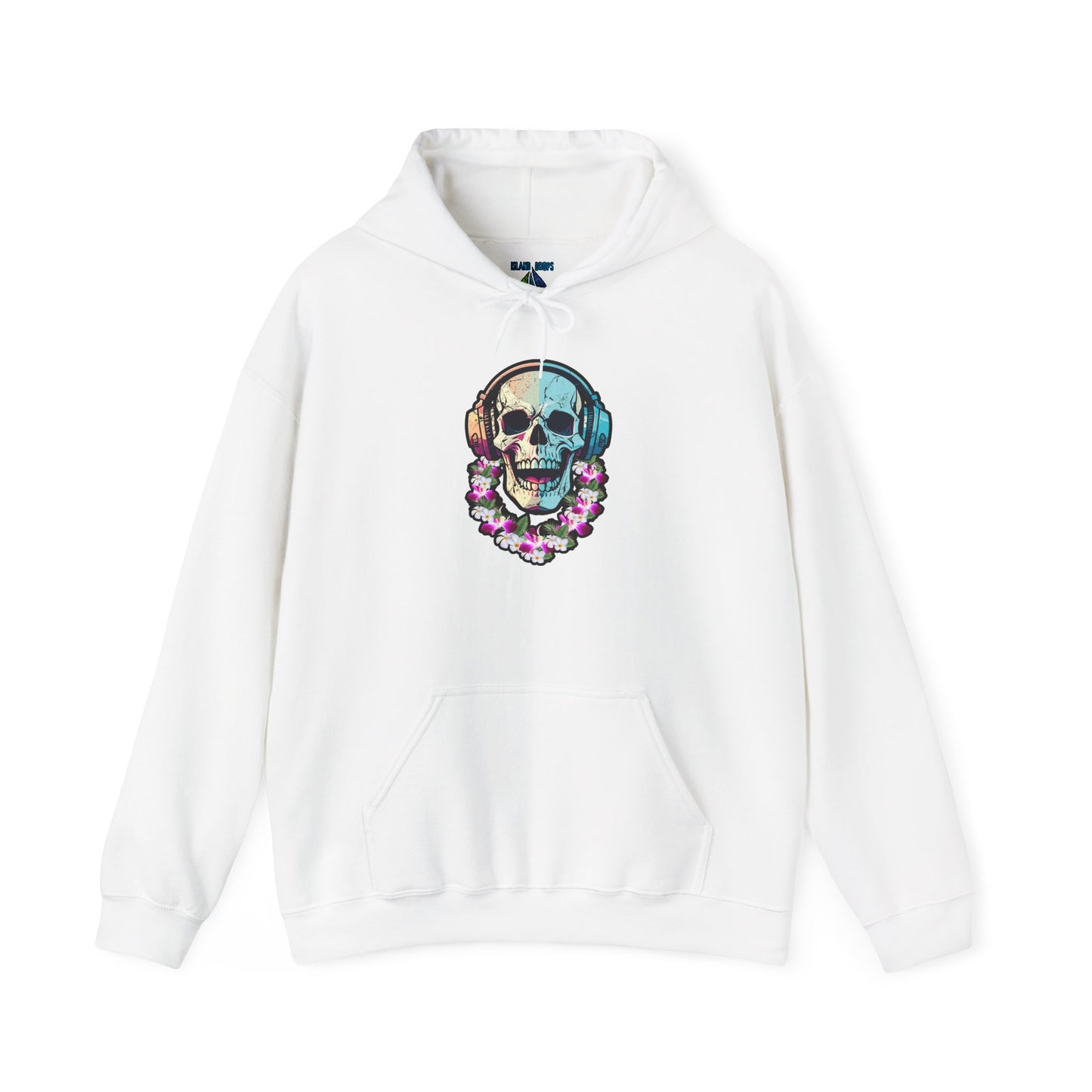 White hoodie with a colorful skull DJ with headphones and wearing a lei graphic design  - Island Drops hoodie collection | Unisex pullover