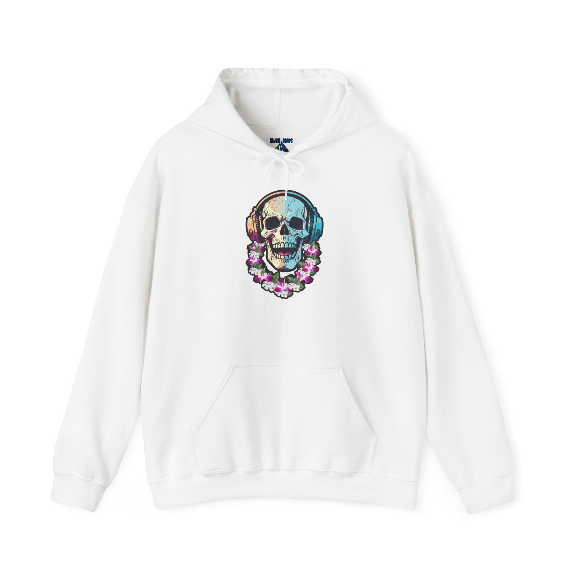 White hoodie with a colorful skull DJ with headphones and wearing a lei graphic design  - Island Drops hoodie collection | Unisex pullover