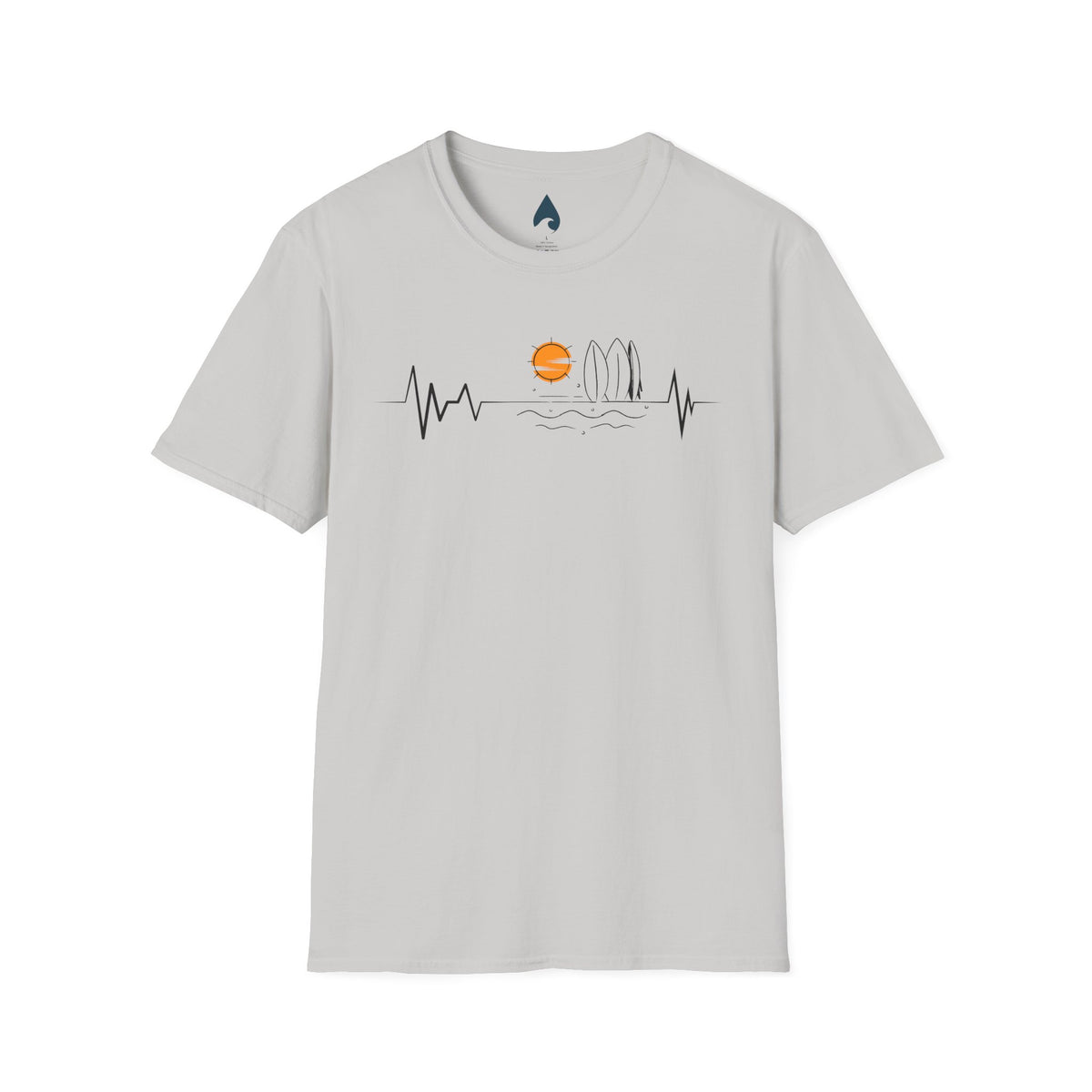 Light gray T-shirt front with orange sunset, island wave outline and black heartbeat line