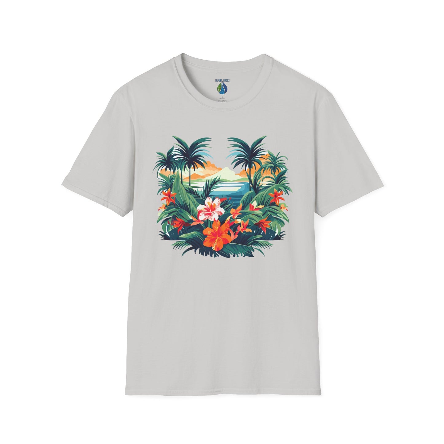 Gray t-shirt with floral beach graphic design - Island Drops t-shirt collection | Unisex t-shirt