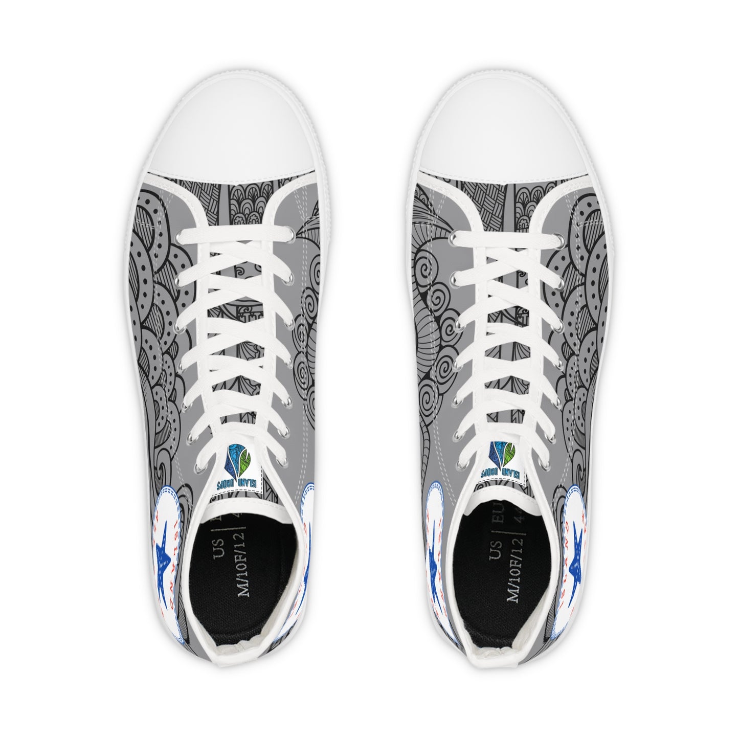 Gray and white High-top sneakers with tribal tattoo graphic design - Island Drops shoes collection | Unisex High top shoes