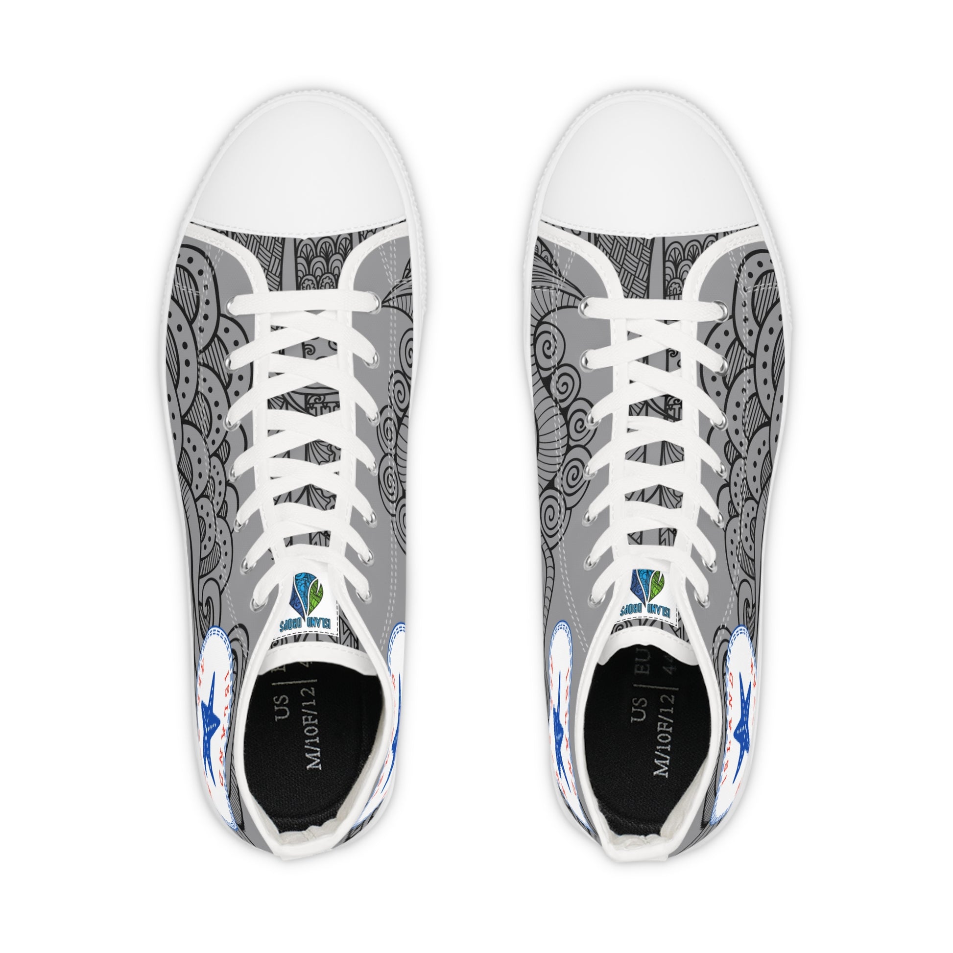 Gray and white High-top sneakers with tribal tattoo graphic design - Island Drops shoes collection | Unisex High top shoes