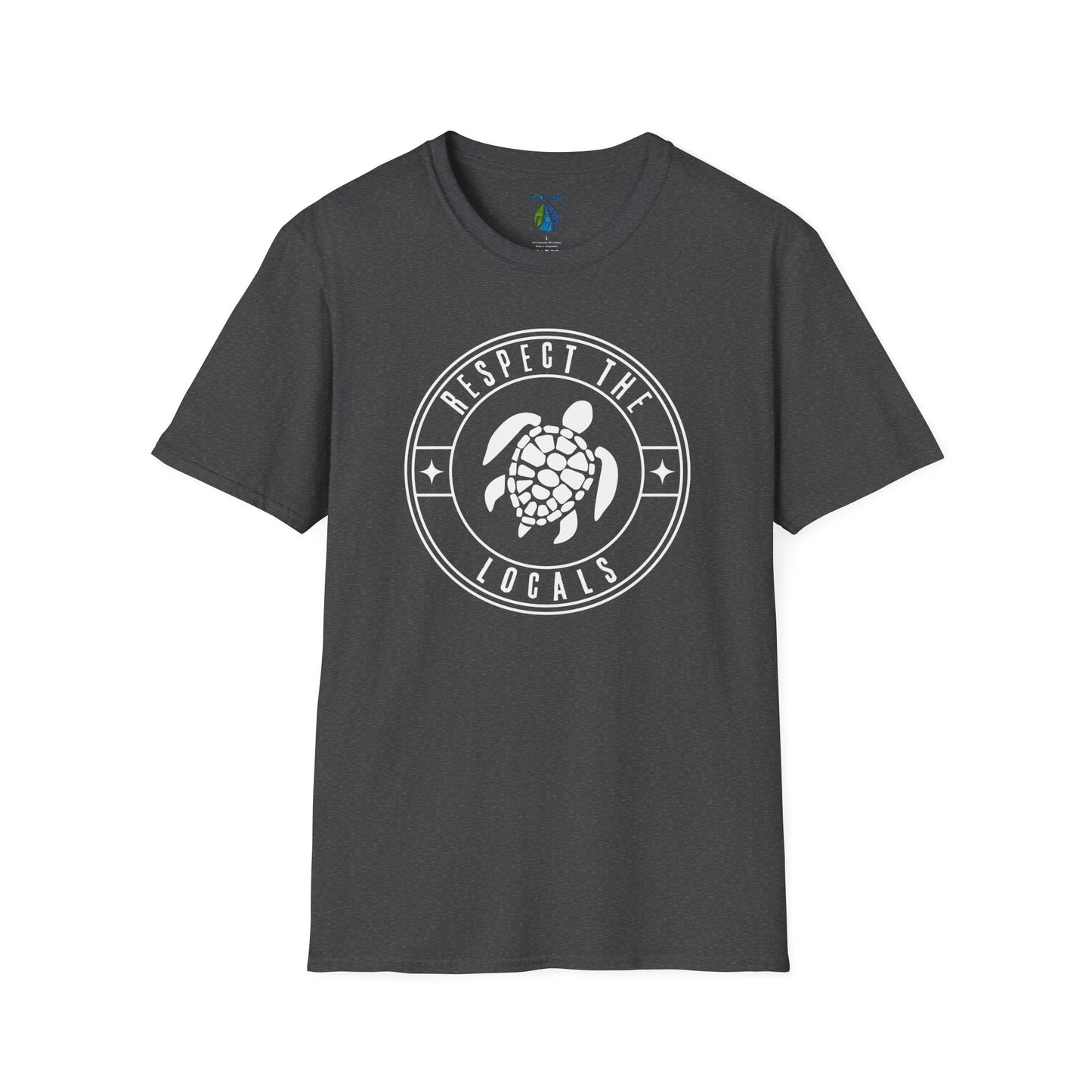 Gray t-shirt  with 'RESPECT THE LOCALS' text and stylized turtle graphic design - Island Drops t-shirt collection | Unisex t-shirts