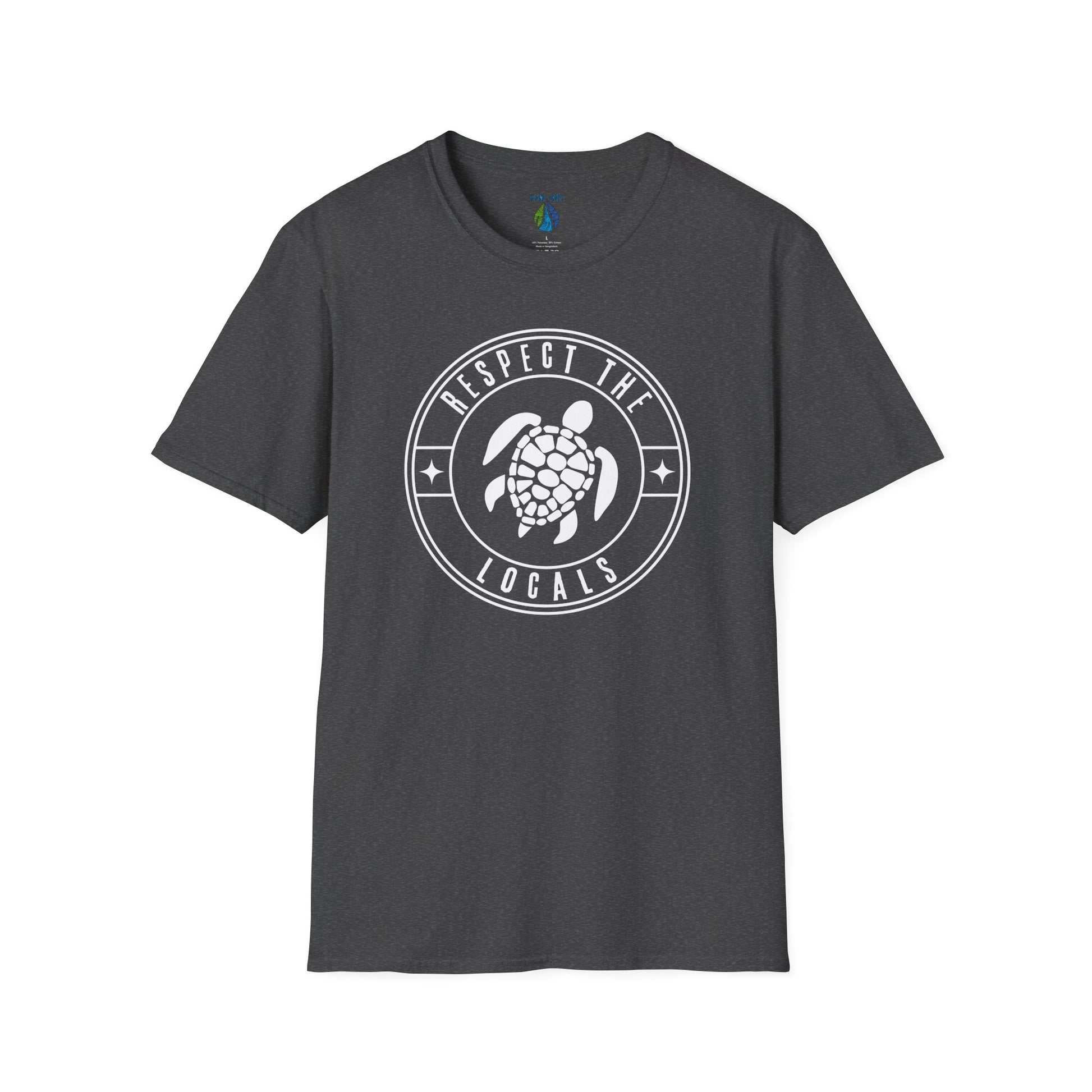 Gray t-shirt  with 'RESPECT THE LOCALS' text and stylized turtle graphic design - Island Drops t-shirt collection | Unisex t-shirts