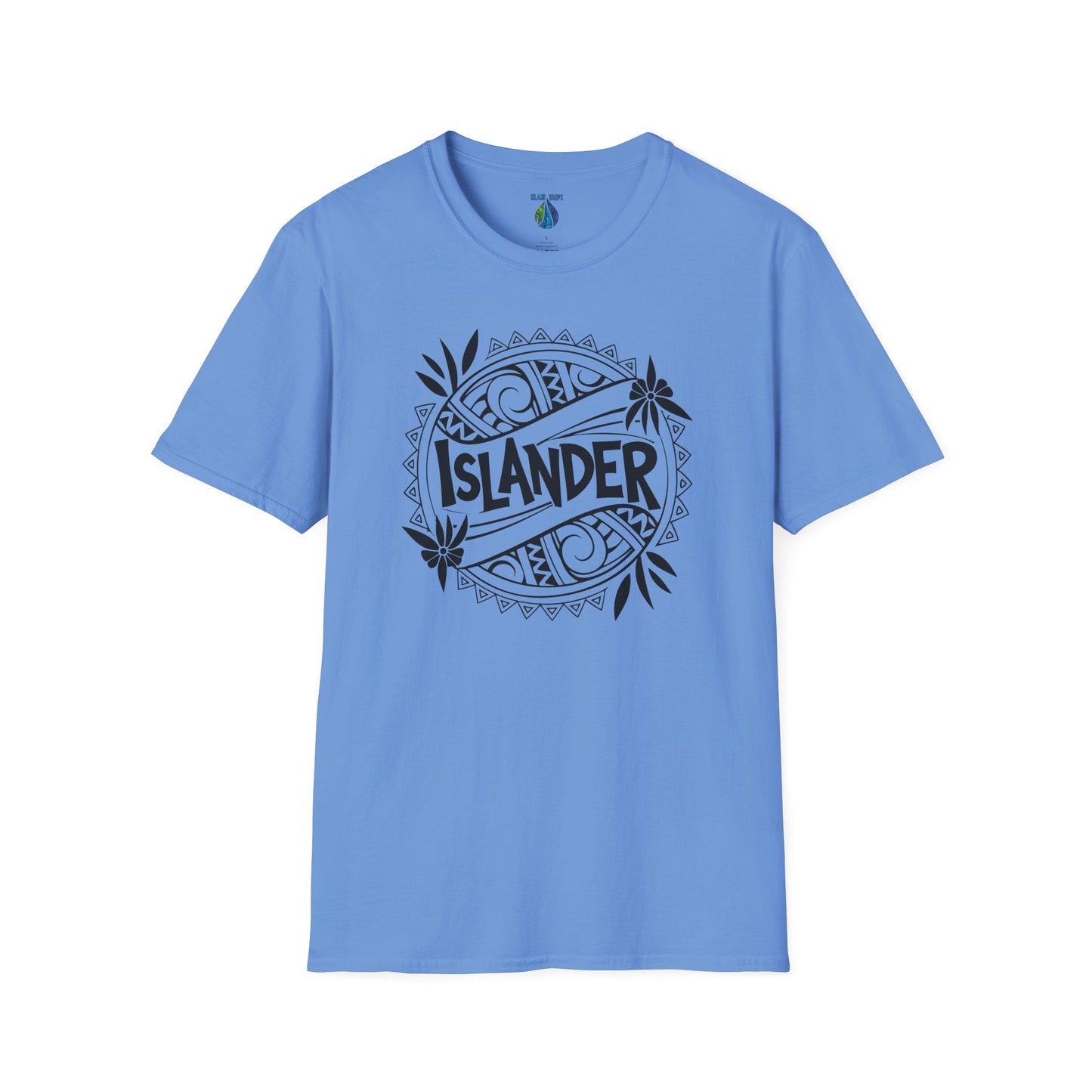 Blue t-shirt with 'ISLANDER' tribal graphic design - Island Drops T-shirt collection | Unisex t-shirt
