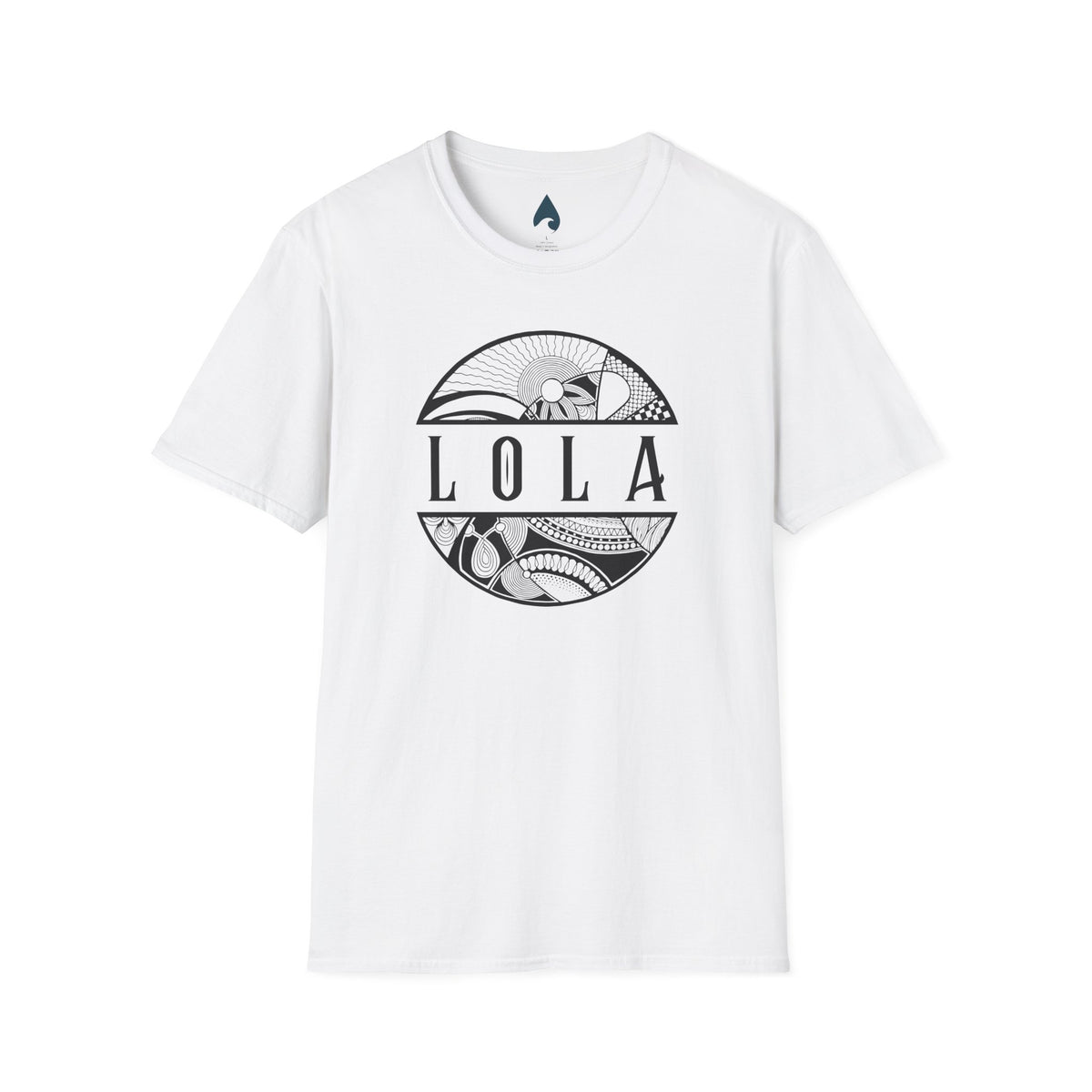 White T-shirt front with black Lola lettering and tribal island circle graphic