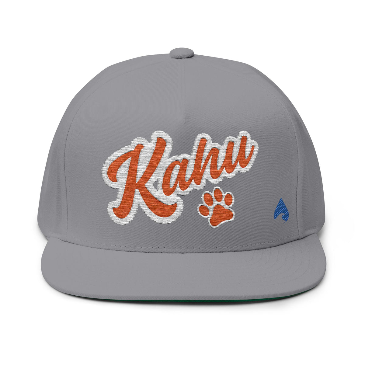 Gray flat-bill Kahu snapback cap with orange script and paw-print embroidery
