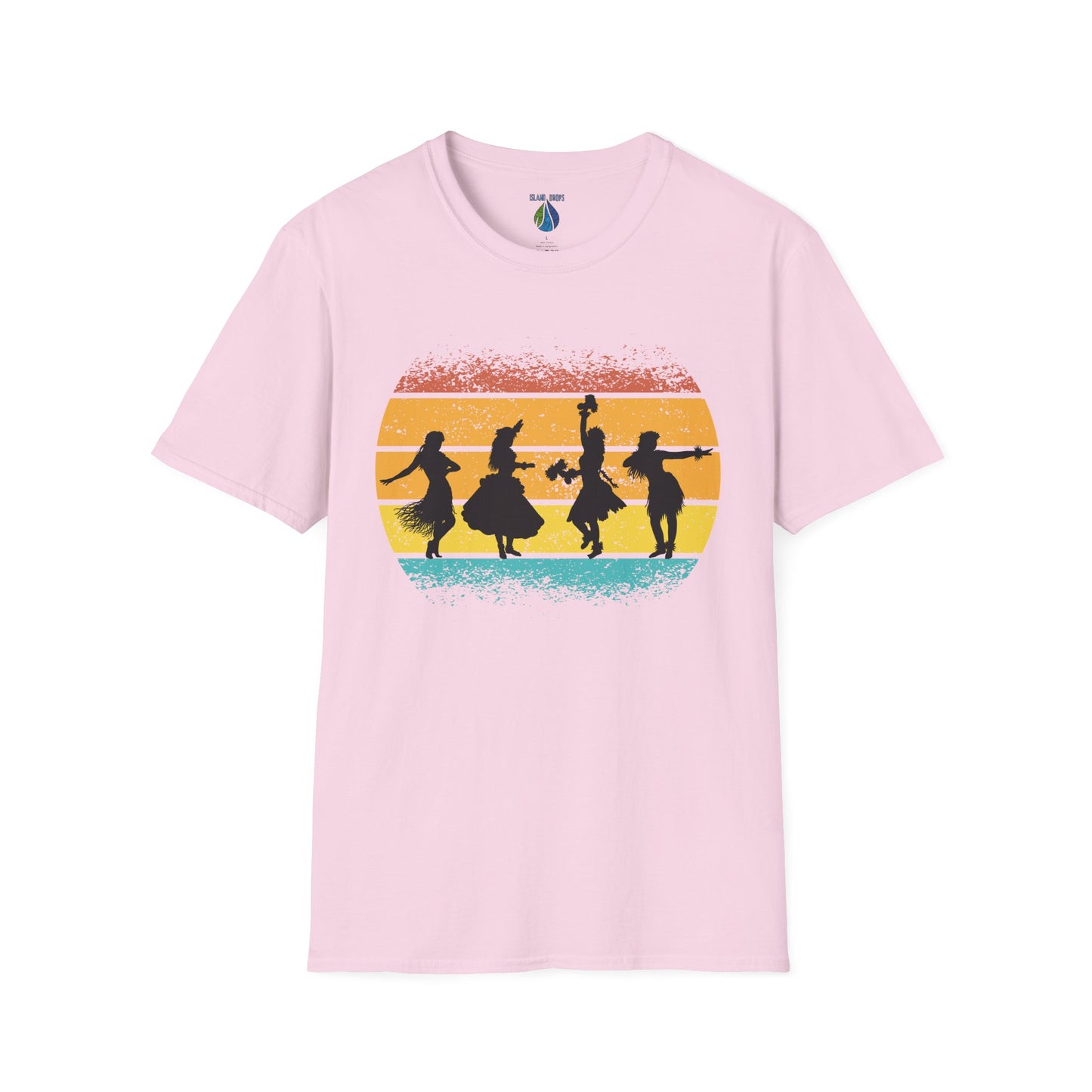 Pink t-shirt with a graphic design of female hula dancers against a sunset background - Island Drops t-shirt collection | Unisex t-shirt
