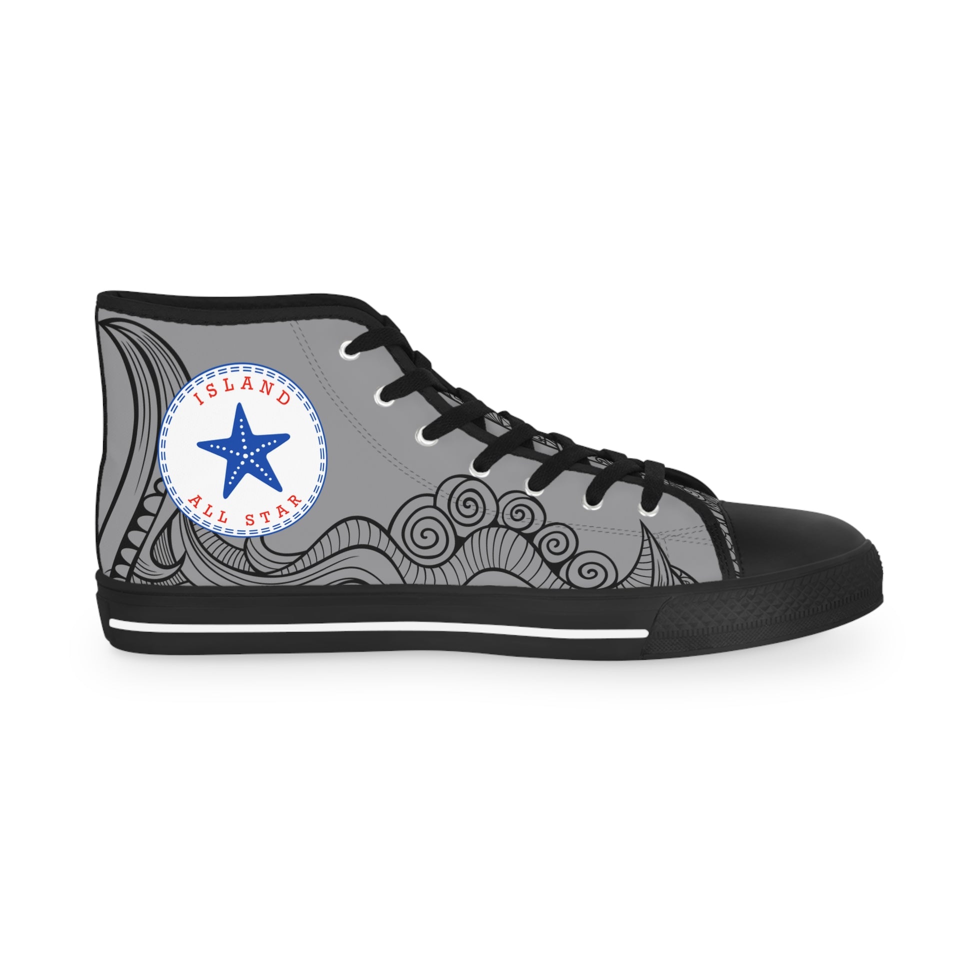 Gray and black High-top sneakers with tribal tattoo graphic design - Island Drops shoes collection | Unisex High top shoes