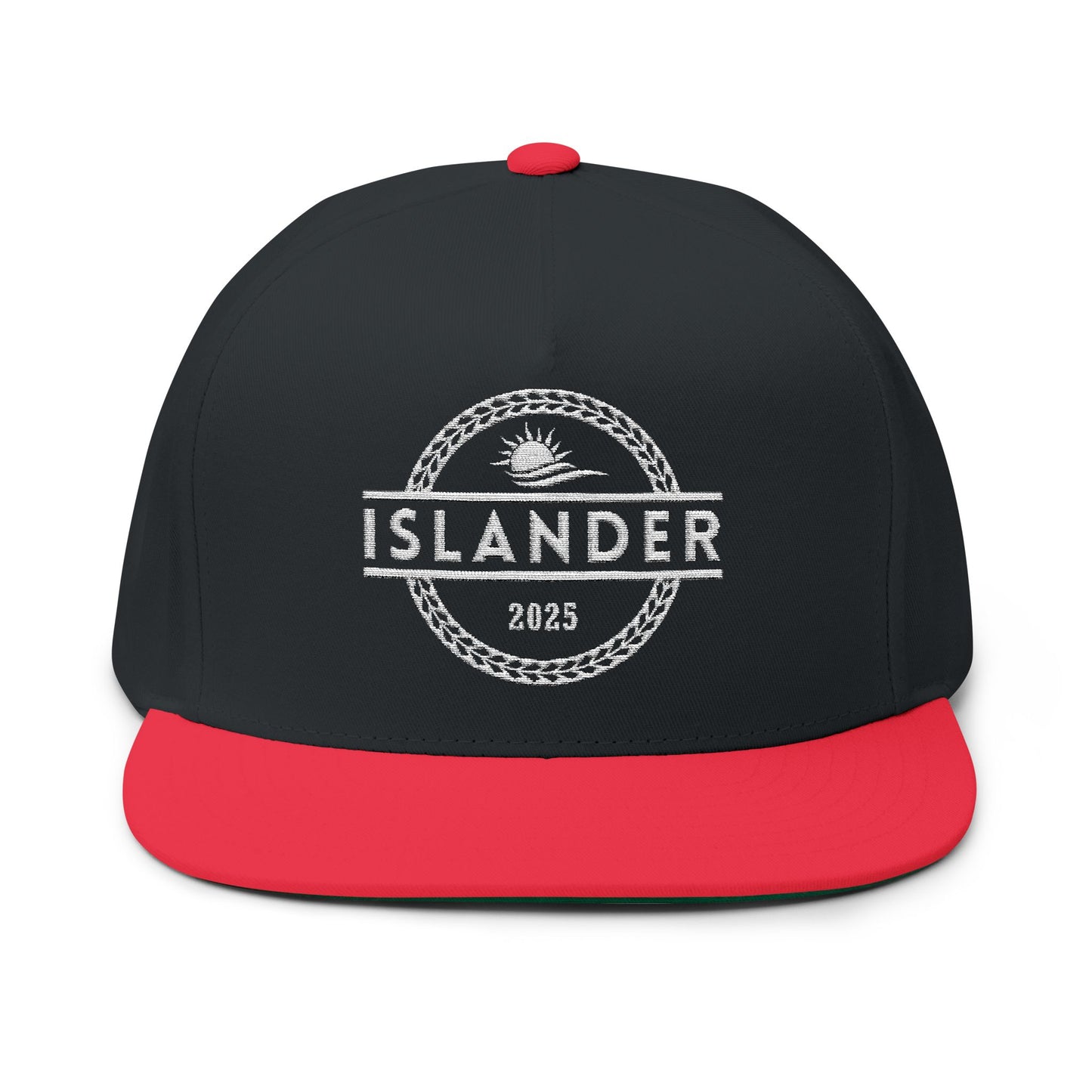 Black and red cap with 'ISLANDER' text and sunset graphic design - Island Drops hat collection | Unisex snapback caps