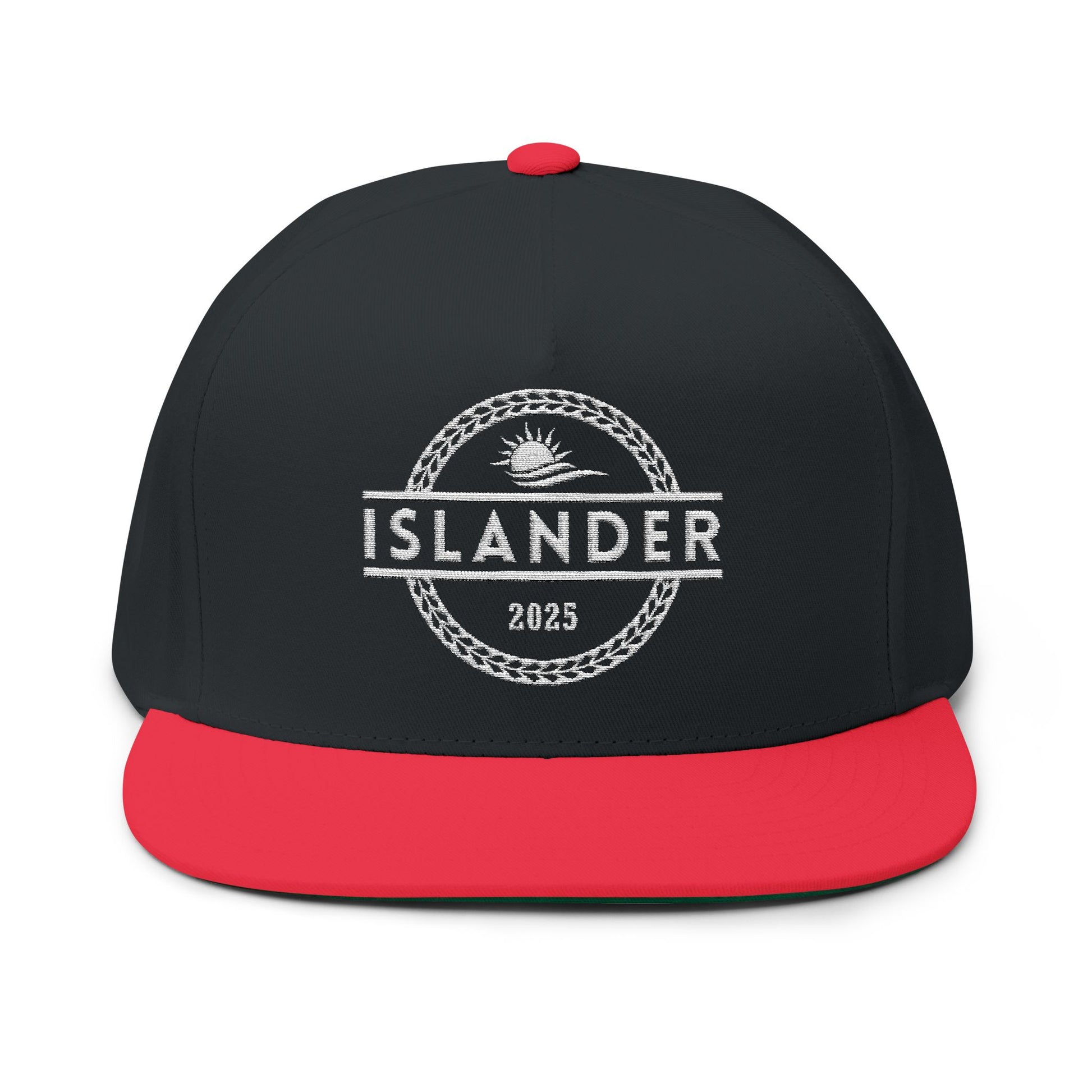 Black and red cap with 'ISLANDER' text and sunset graphic design - Island Drops hat collection | Unisex snapback caps