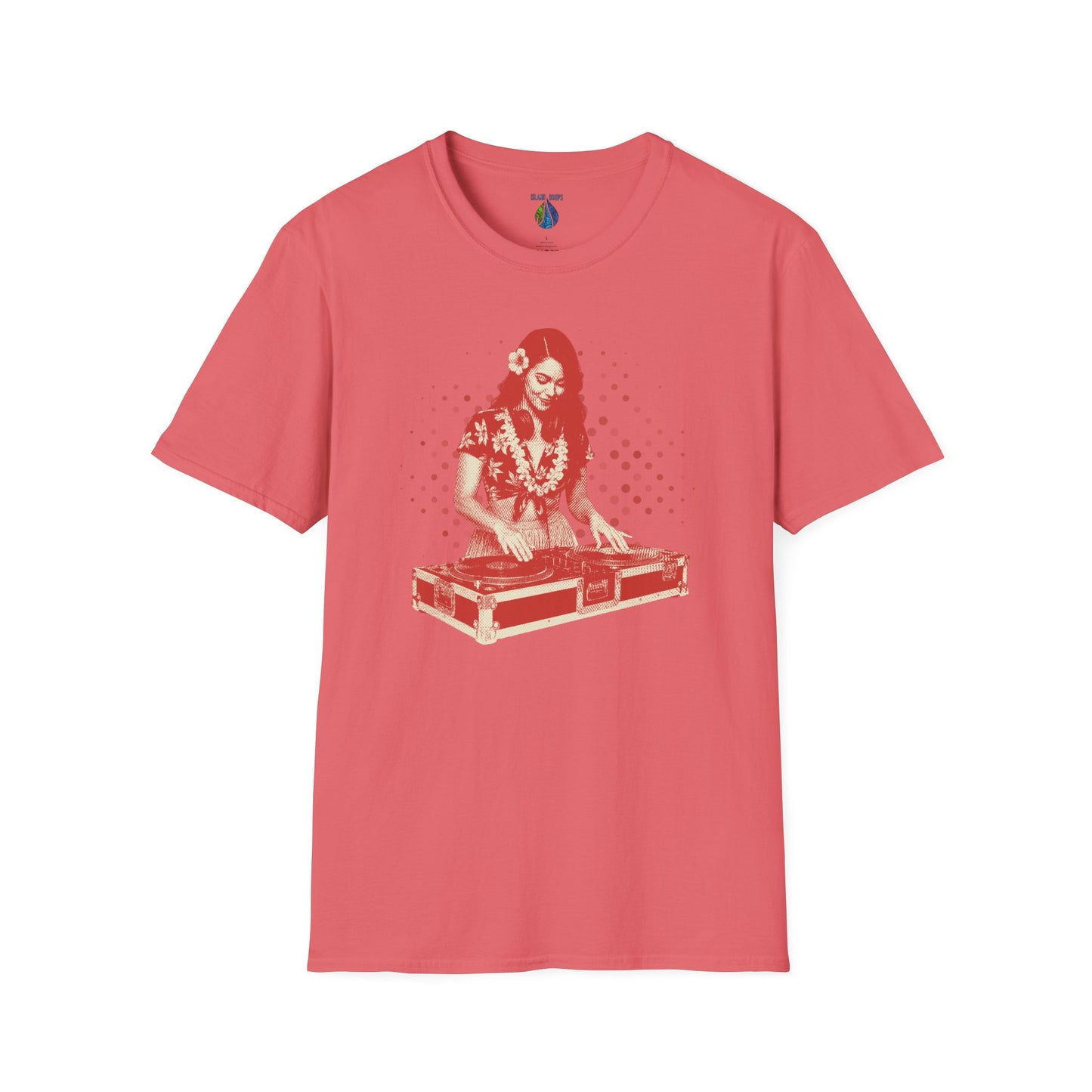 Coral t-shirt with a female hula dancer as a DJ graphic design - Island Drops T-shirt collection | Unisex t-shirt