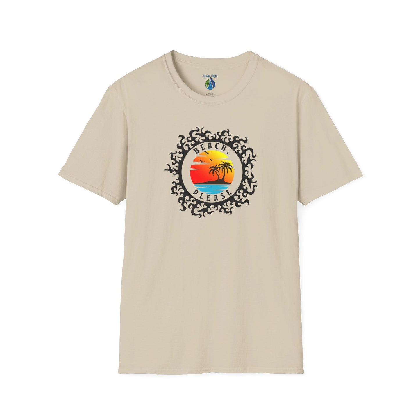 Beige t-shirt with 'BEACH, PLEASE' text and island sunset graphic design - Island Drops t-shirt collection | Unisex t-shirts