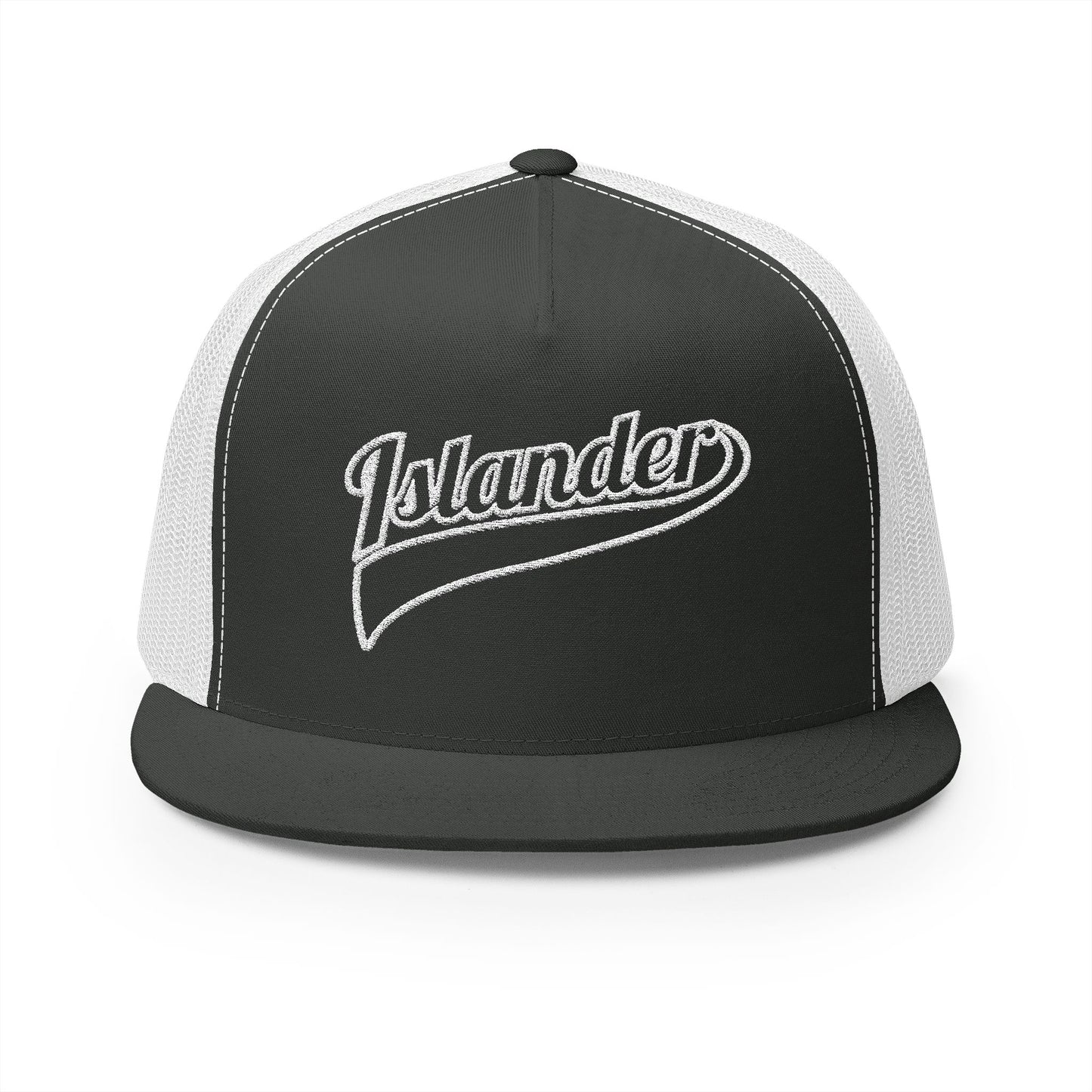 Black and white cap with 'Islander' logo  - Island Drops hat collection | Unisex trucker hat trucker cap