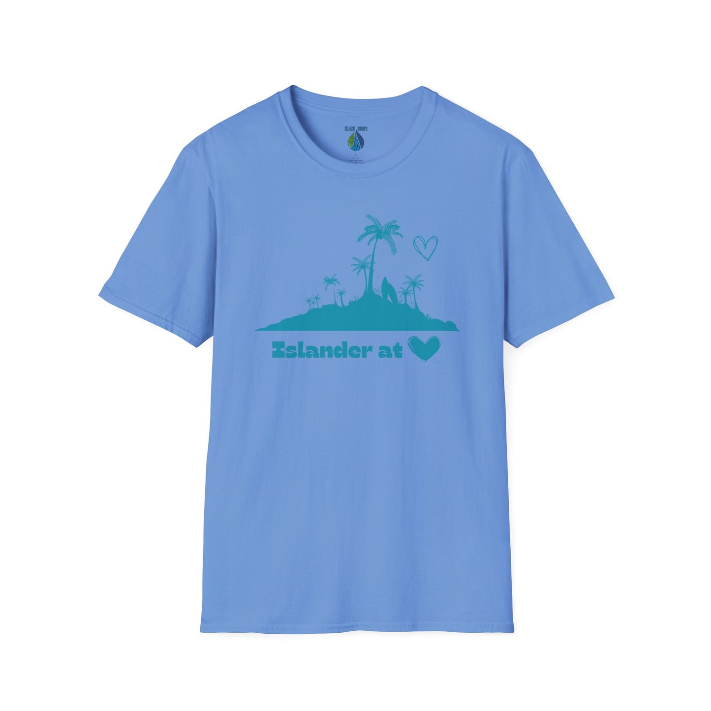 Blue t-shirt  with 'Islander at Heart' text with palm trees and island graphic design - Island Drops t-shirt collection | Unisex t-shirts