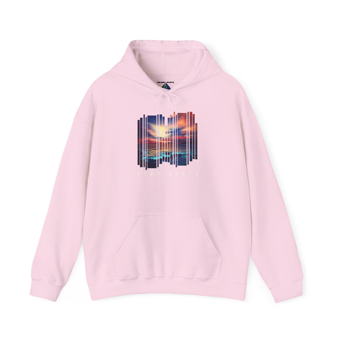 Pink hoodie with a stylized beach sunset graphic and 'STAY SALTY' text - Island Drops hoodie collection | Unisex pullover