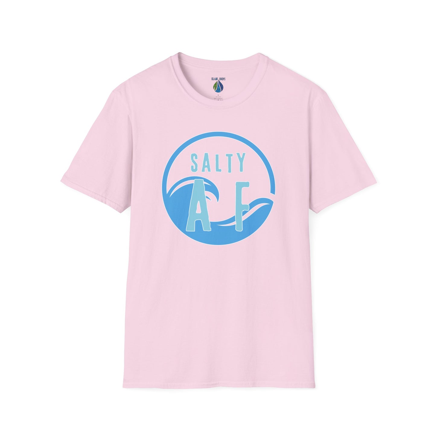Pink t-shirt  with 'SALTY AF' text and stylized ocean graphic design - Island Drops t-shirt collection | Unisex t-shirts