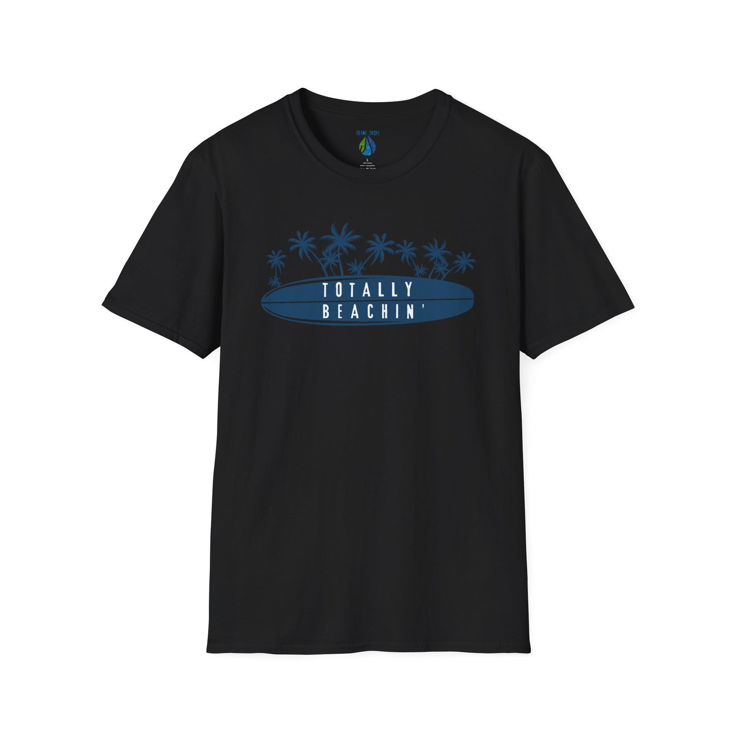 Black  t-shirt  with 'TOTALLY BEACHIN' text and palm trees graphic design - Island Drops t-shirt collection | Unisex t-shirts
