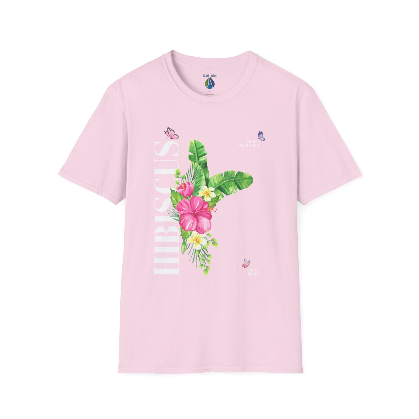 Pink t-shirt with 'HIBISCUS' text and a a stylized hibiscus graphic design - Island Drops t-shirt collection | Unisex t-shirt
