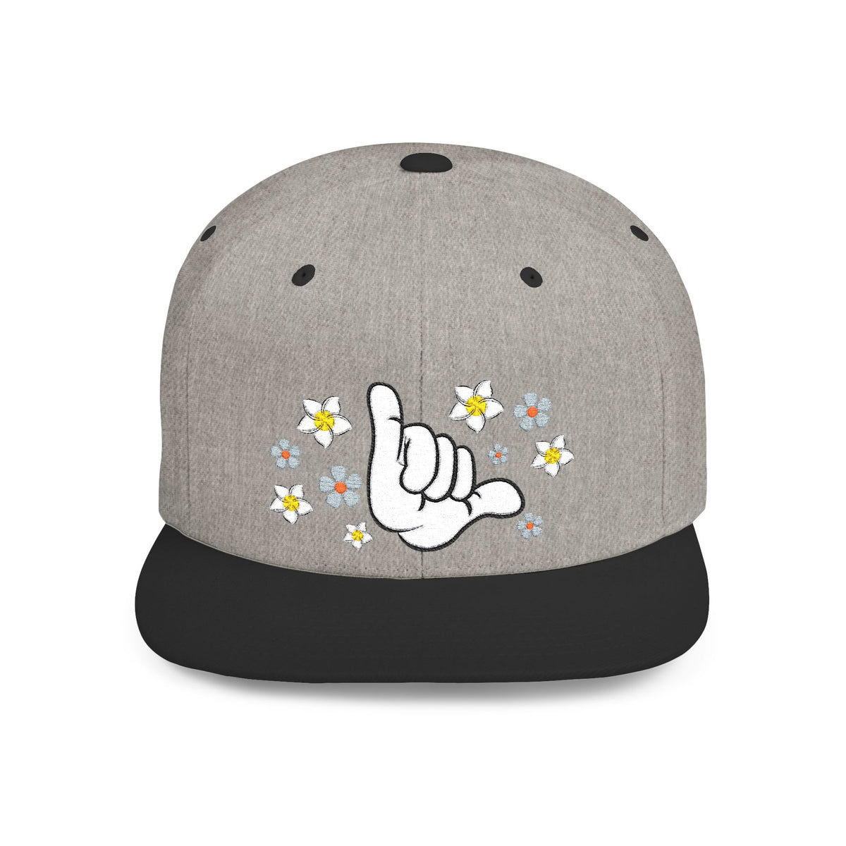 Gray snapback with black bill, shaka hand and flower graphic