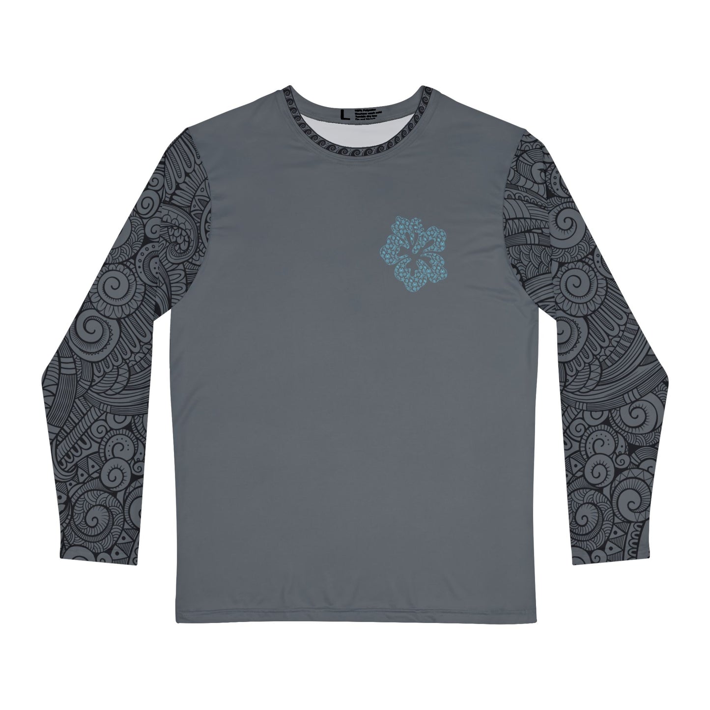 Gray long-sleeve shirt with hibiscus graphic design and tribal tattoo sleeve pattern - Island Drops long sleeve collection | Unisex shirts