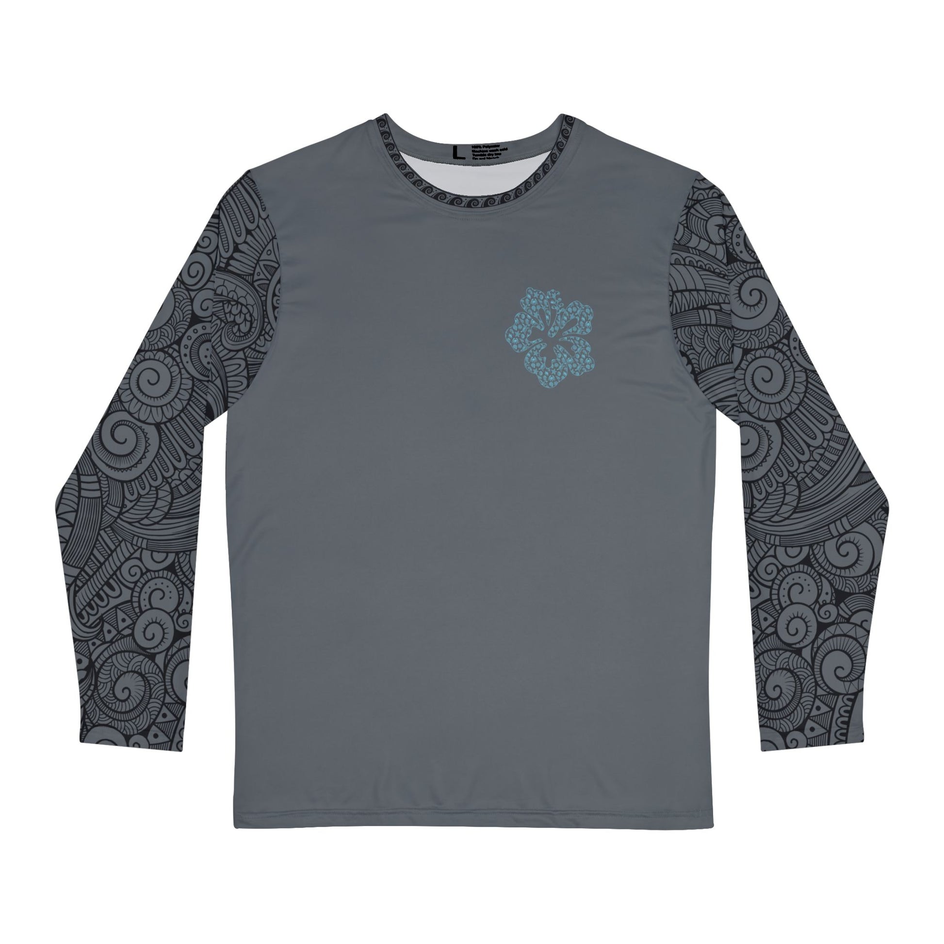 Gray long-sleeve shirt with hibiscus graphic design and tribal tattoo sleeve pattern - Island Drops long sleeve collection | Unisex shirts