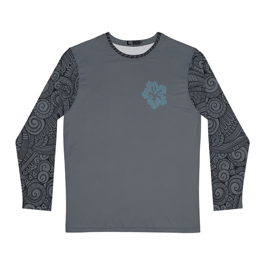 Gray long-sleeve shirt with hibiscus graphic design and tribal tattoo sleeve pattern - Island Drops long sleeve collection | Unisex shirts