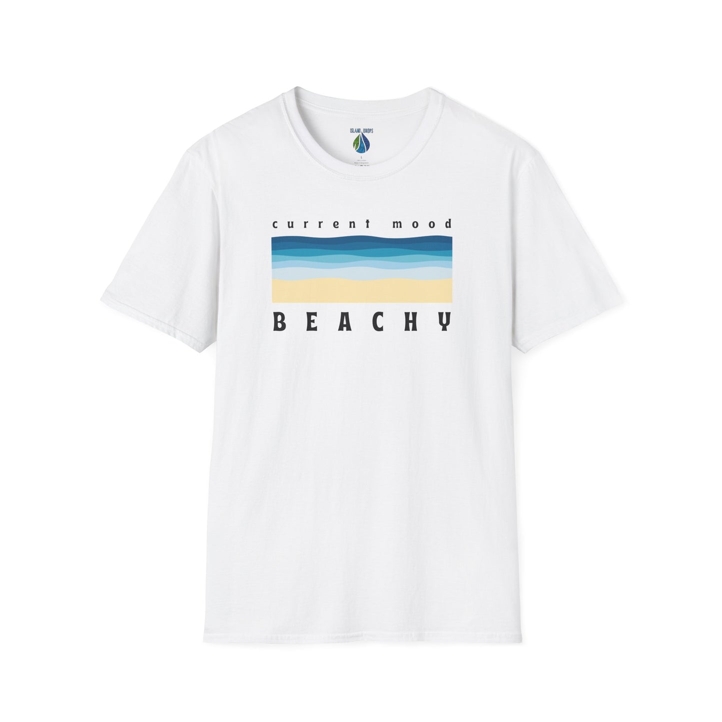 Gray t-shirt with 'Current Mood Beachy' design with a stylized beach and ocean graphic design - Island Drops t-shirt collection | Unisex t-shirts