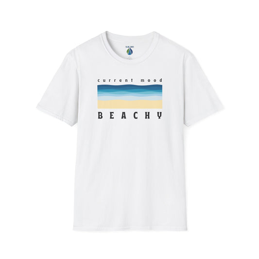 Gray t-shirt with 'Current Mood Beachy' design with a stylized beach and ocean graphic design - Island Drops t-shirt collection | Unisex t-shirts