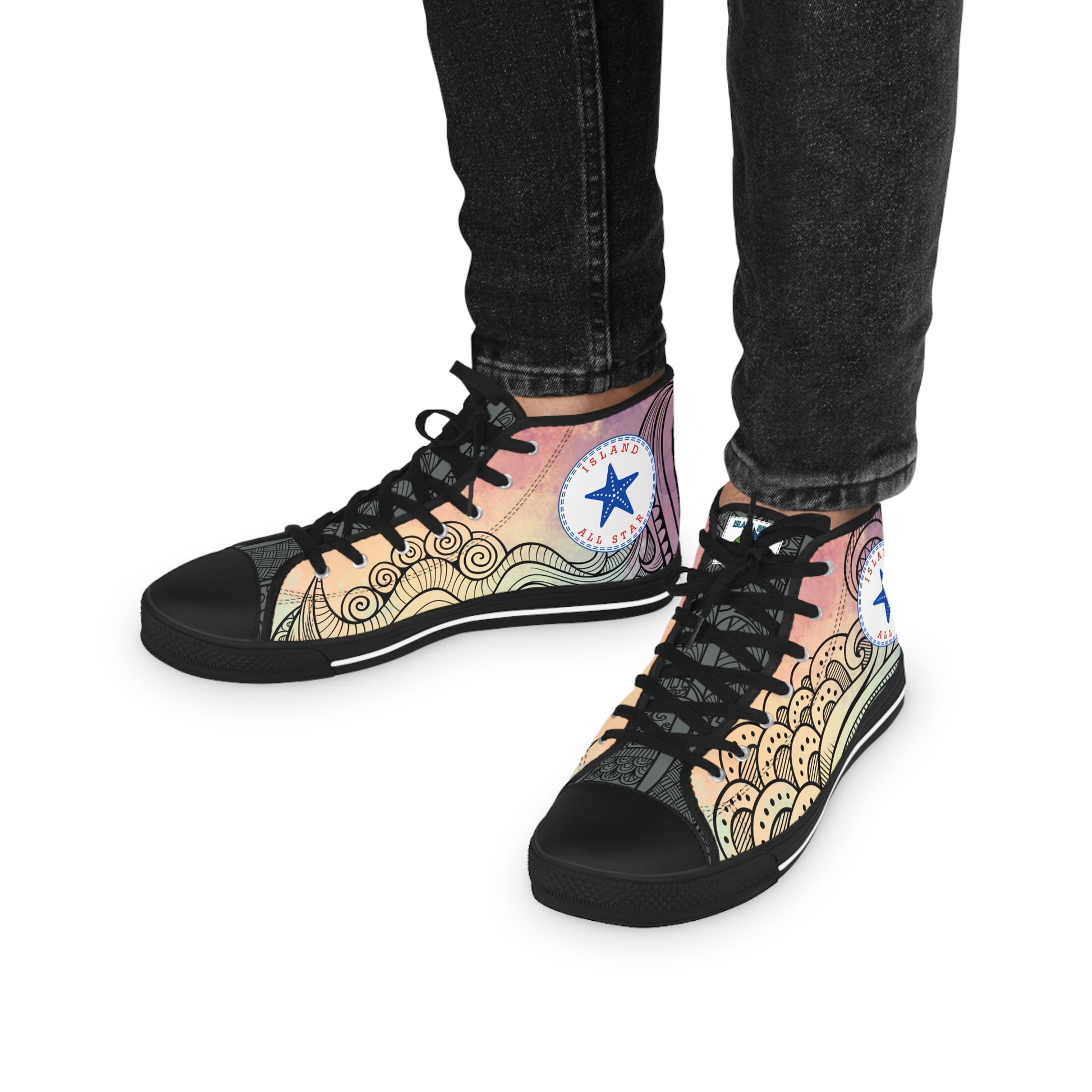 Red, orange, yellow colorful high-top sneakers with tribal tattoo graphic design, black soles - Island Drops shoes collection | Unisex High top shoes