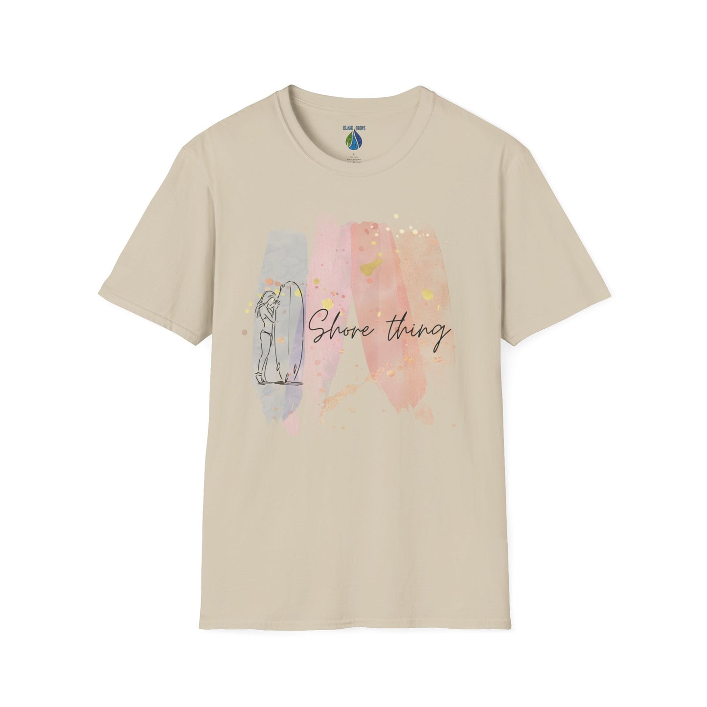 Beige t-shirt  with 'Shore Thing' text and watercolor and surfer girl graphic design - Island Drops t-shirt collection | Unisex t-shirts