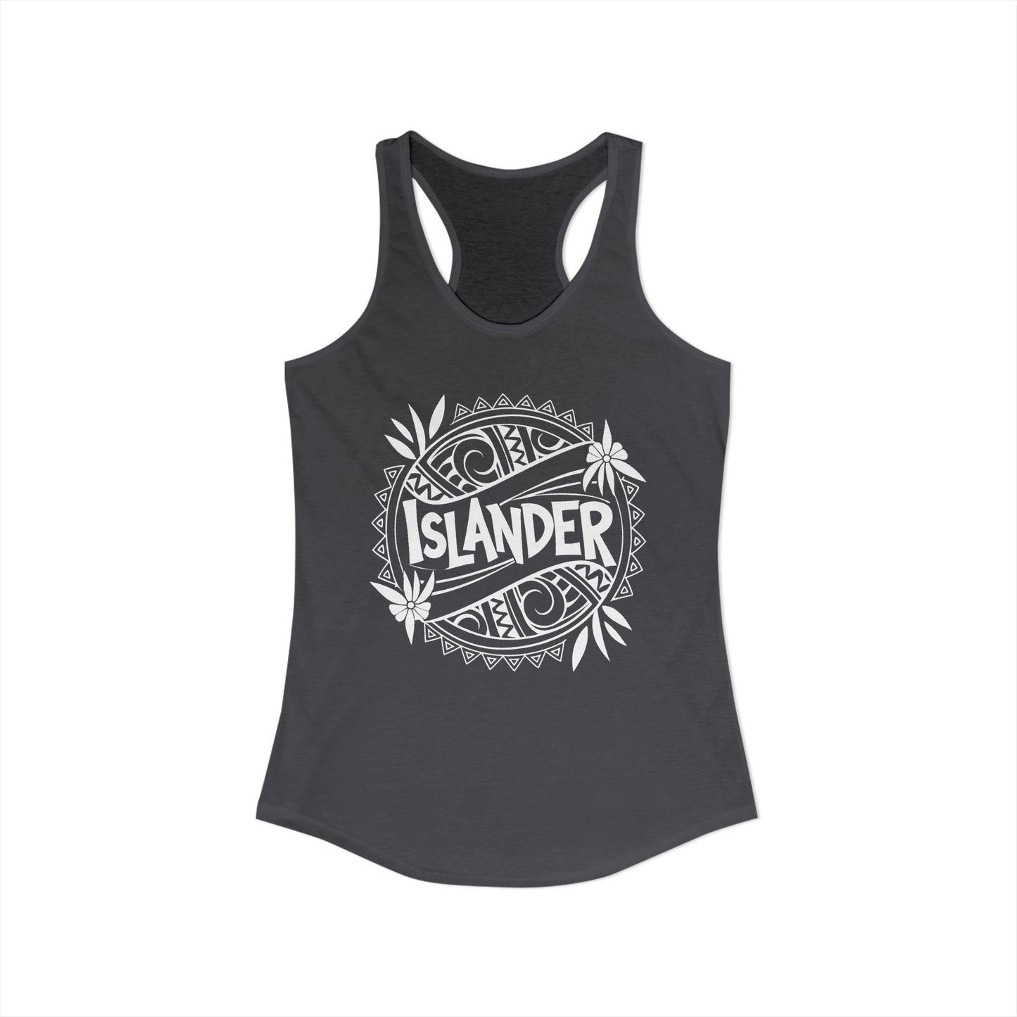 Gray tank top with 'ISLANDER' graphic design- Island Drops tank tops collection | Women's racer back tank