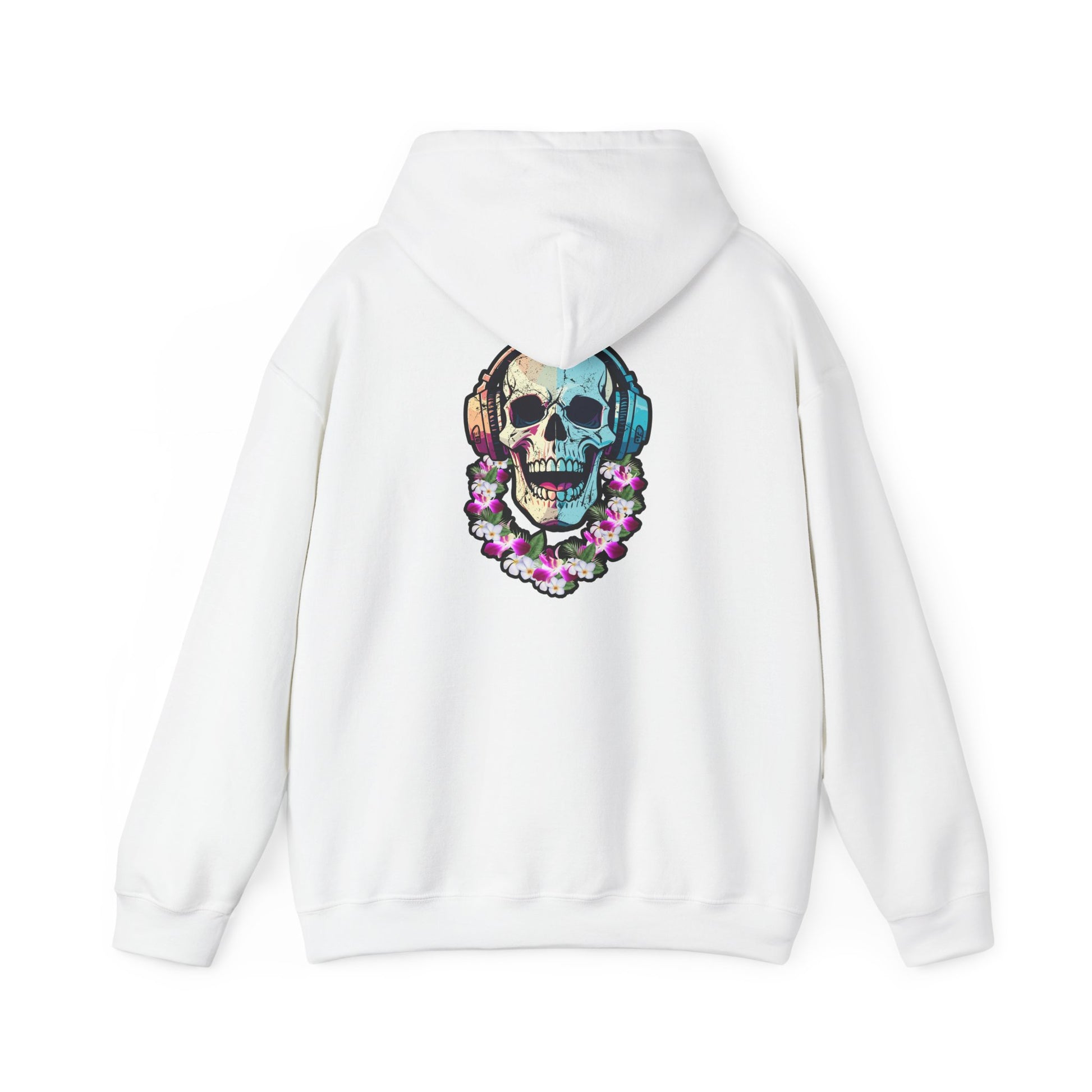 White hoodie with a colorful skull DJ with headphones and wearing a lei graphic design  - Island Drops hoodie collection | Unisex pullover