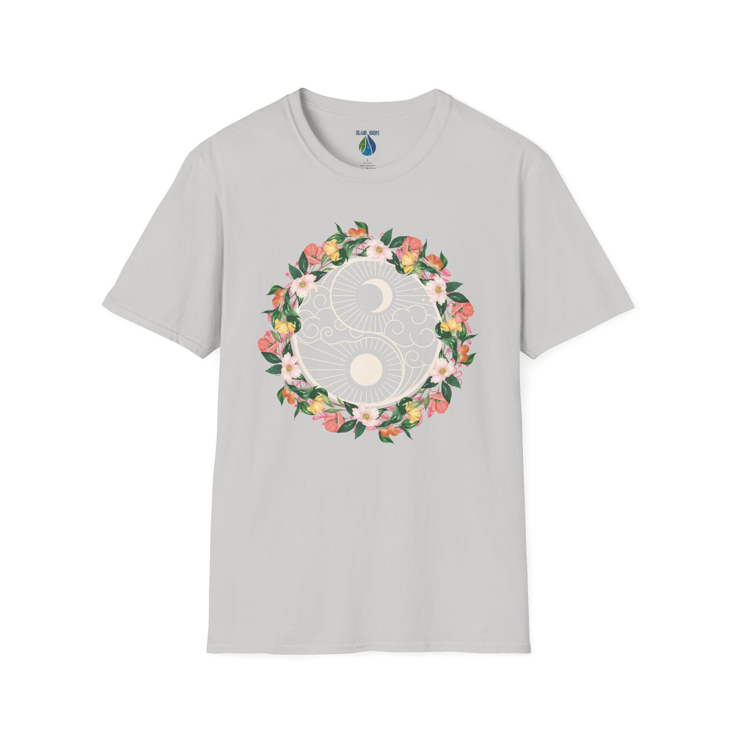 Gray t-shirt with a floral yin yang design - Island Drops t-shirt collection | Unisex t-shirts