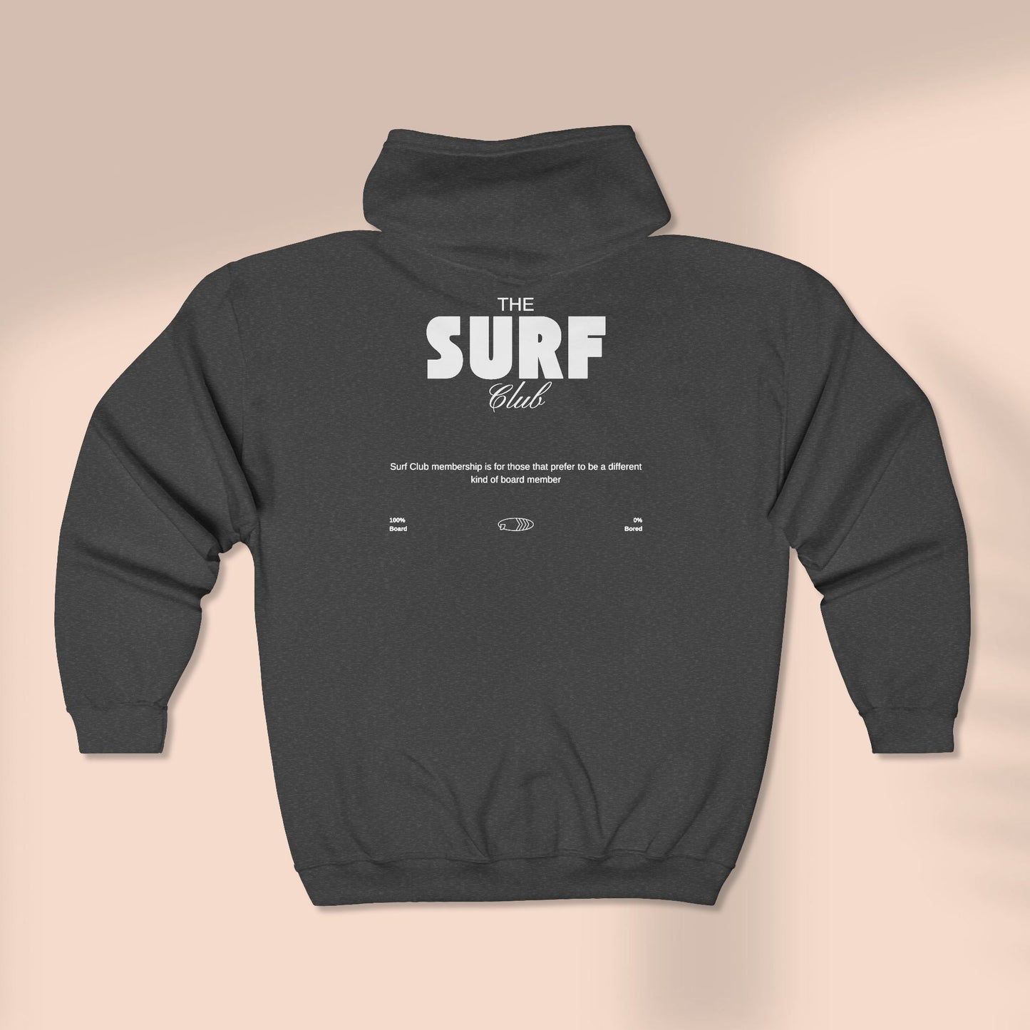 Back of full zip hoodie with  'THE SURF CLUB' text, 100% BOARD, 0% BORED - Island Drops hoodie collection | Unisex zipper hoodie