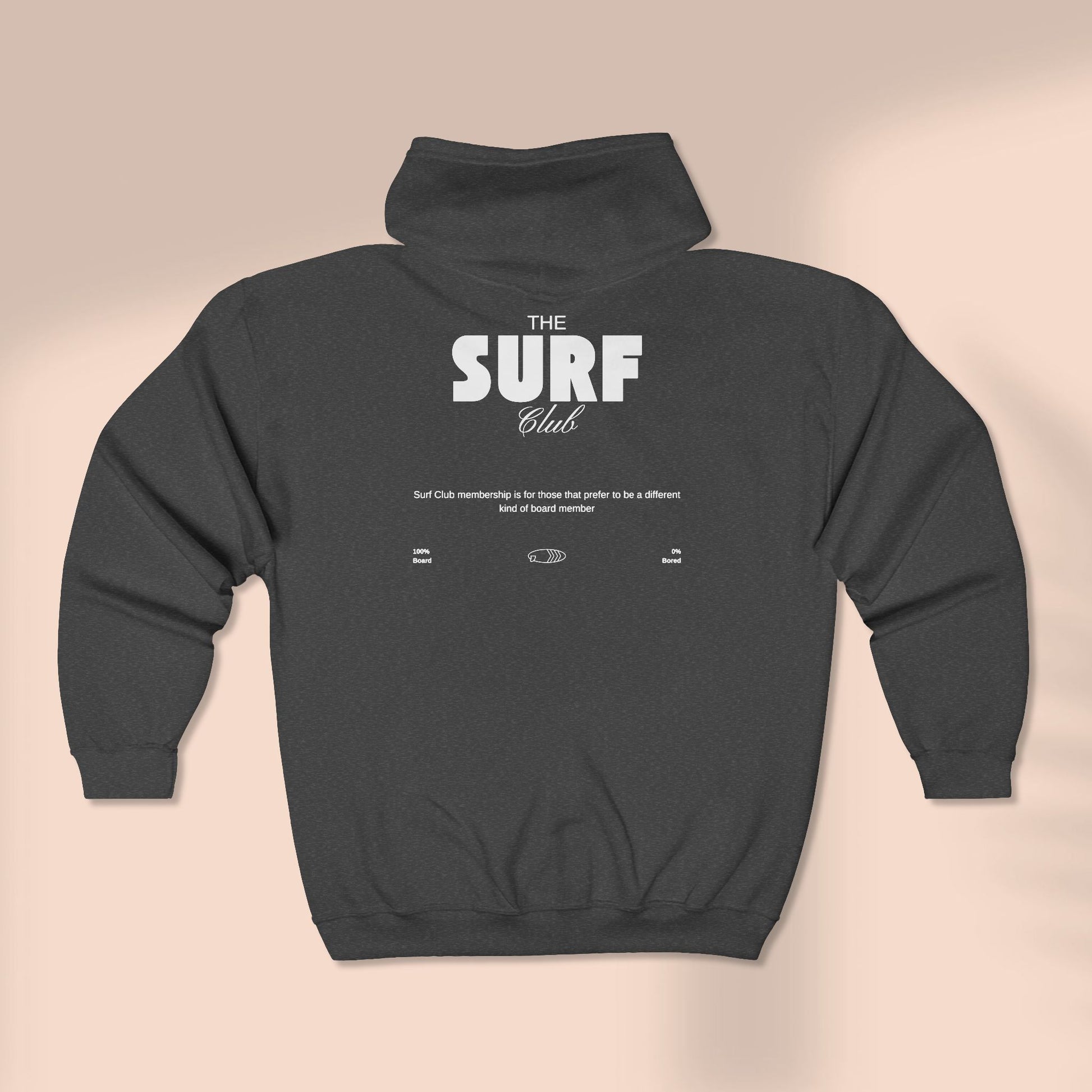 Back of full zip hoodie with  'THE SURF CLUB' text, 100% BOARD, 0% BORED - Island Drops hoodie collection | Unisex zipper hoodie