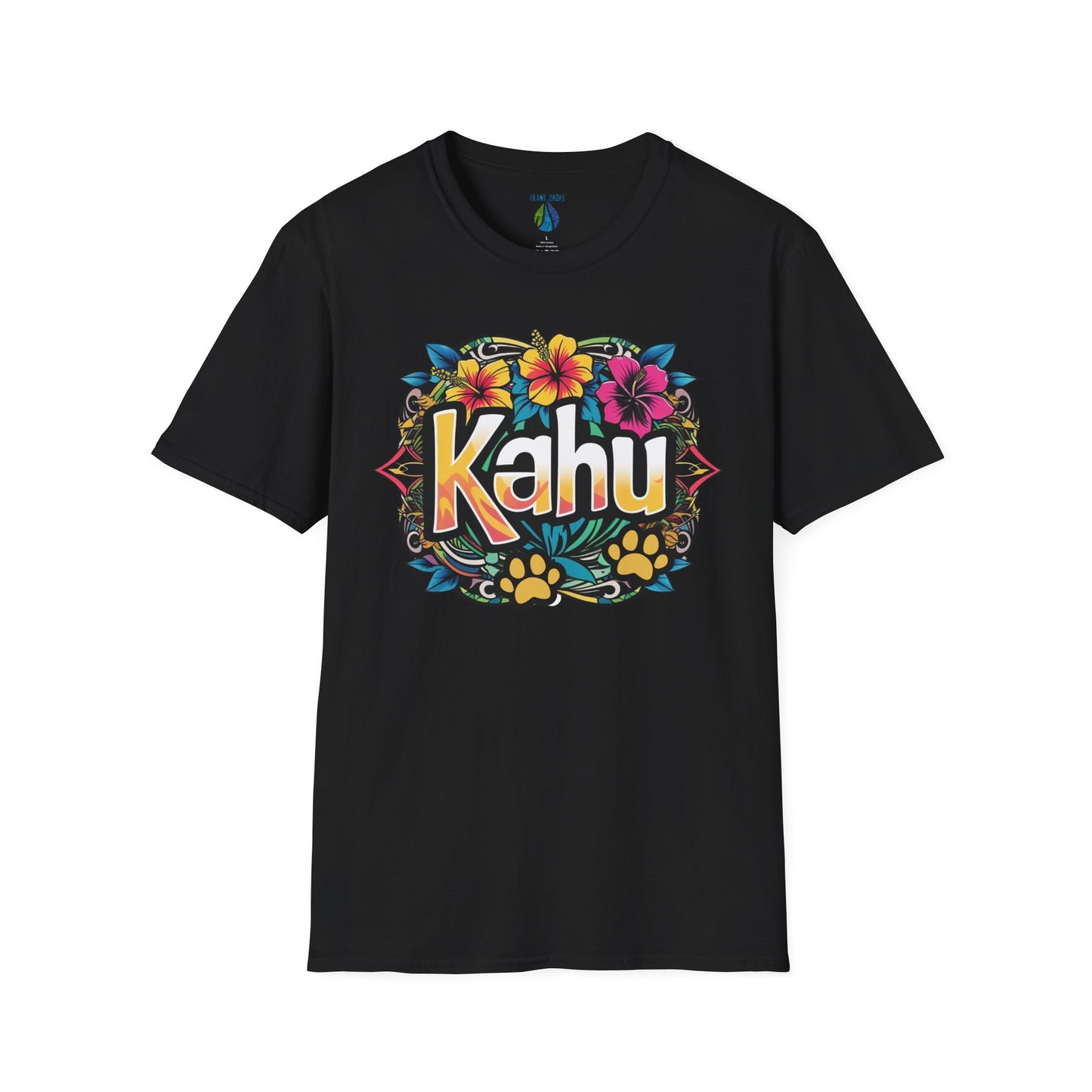 Black t-shirt with colorful  'Kahu' graphic design with flowers and paw prints  - Island Drops t-shirt collection | Unisex t-shirt