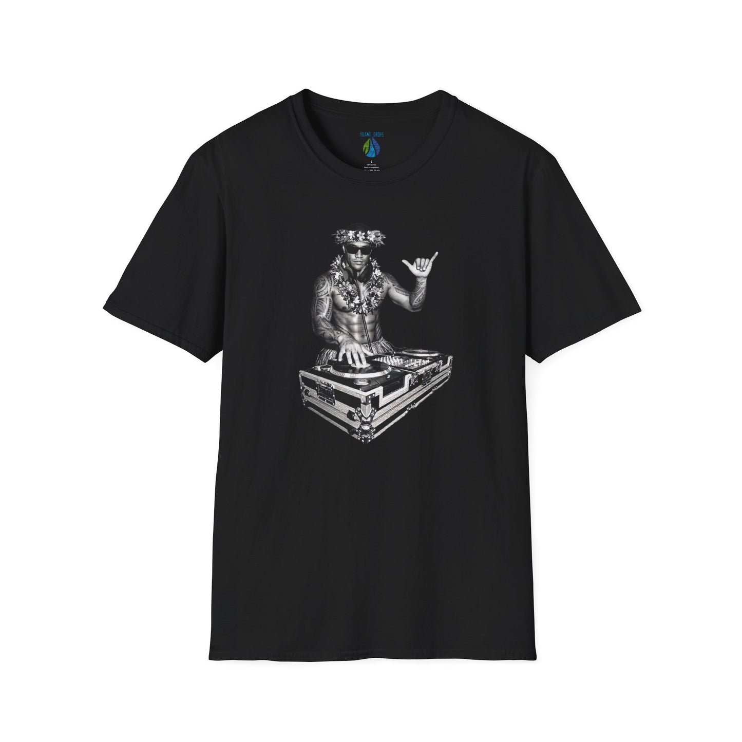 black t-shirt with a male hula dancer as a DJ graphic design - Island Drops t-shirt collection | Unisex t-shirt