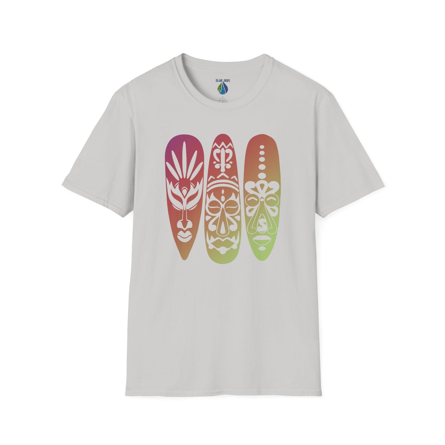 Gray t-shirt  with colorful gradient island masks graphic design - Island Drops t-shirt collection | Unisex t-shirts