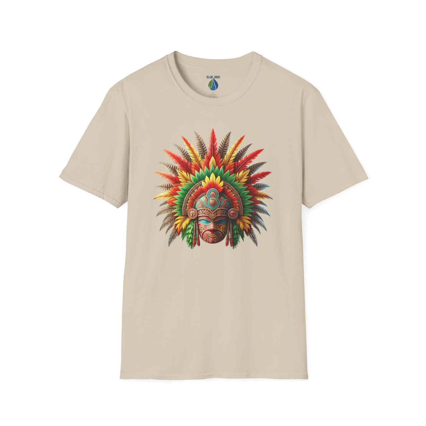 Beige t-shirt with a colorful traditional Hawaiian headdress graphic design - Island Drops t-shirt collection | Unisex t-shirt