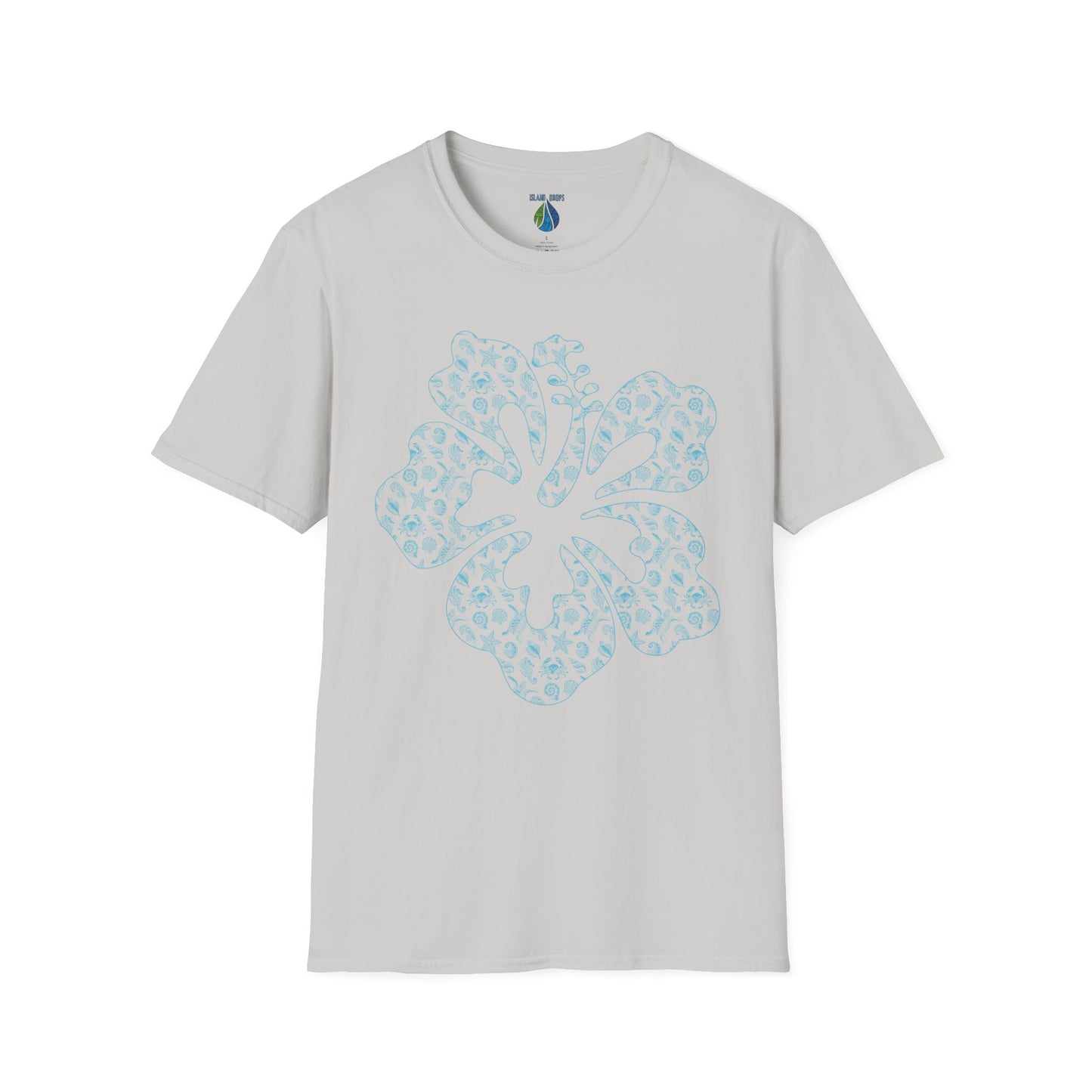 Gray t-shirt with a stylized hibiscus graphic design - Island Drops t-shirt collection | Unisex t-shirt