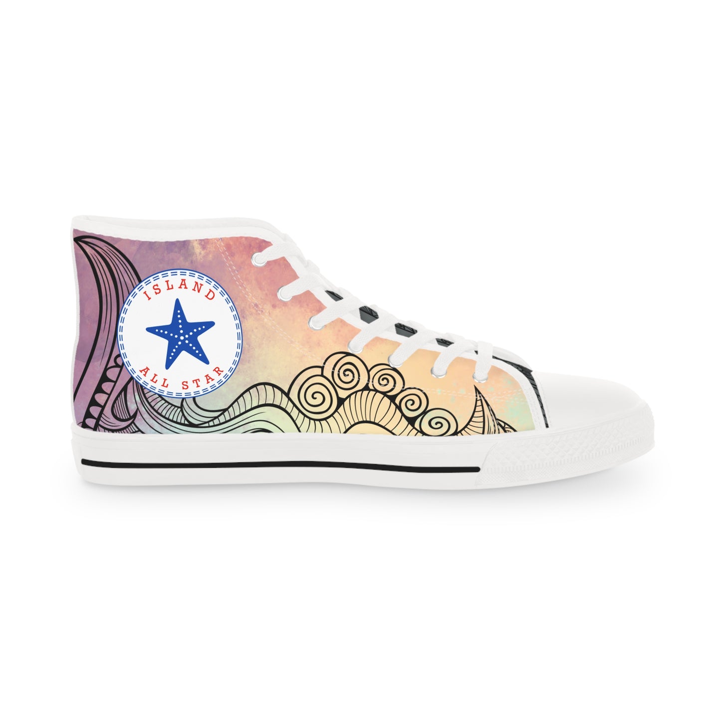Red, orange, yellow colorful high-top sneakers with tribal tattoo graphic design, white soles - Island Drops shoes collection | Unisex High top shoes