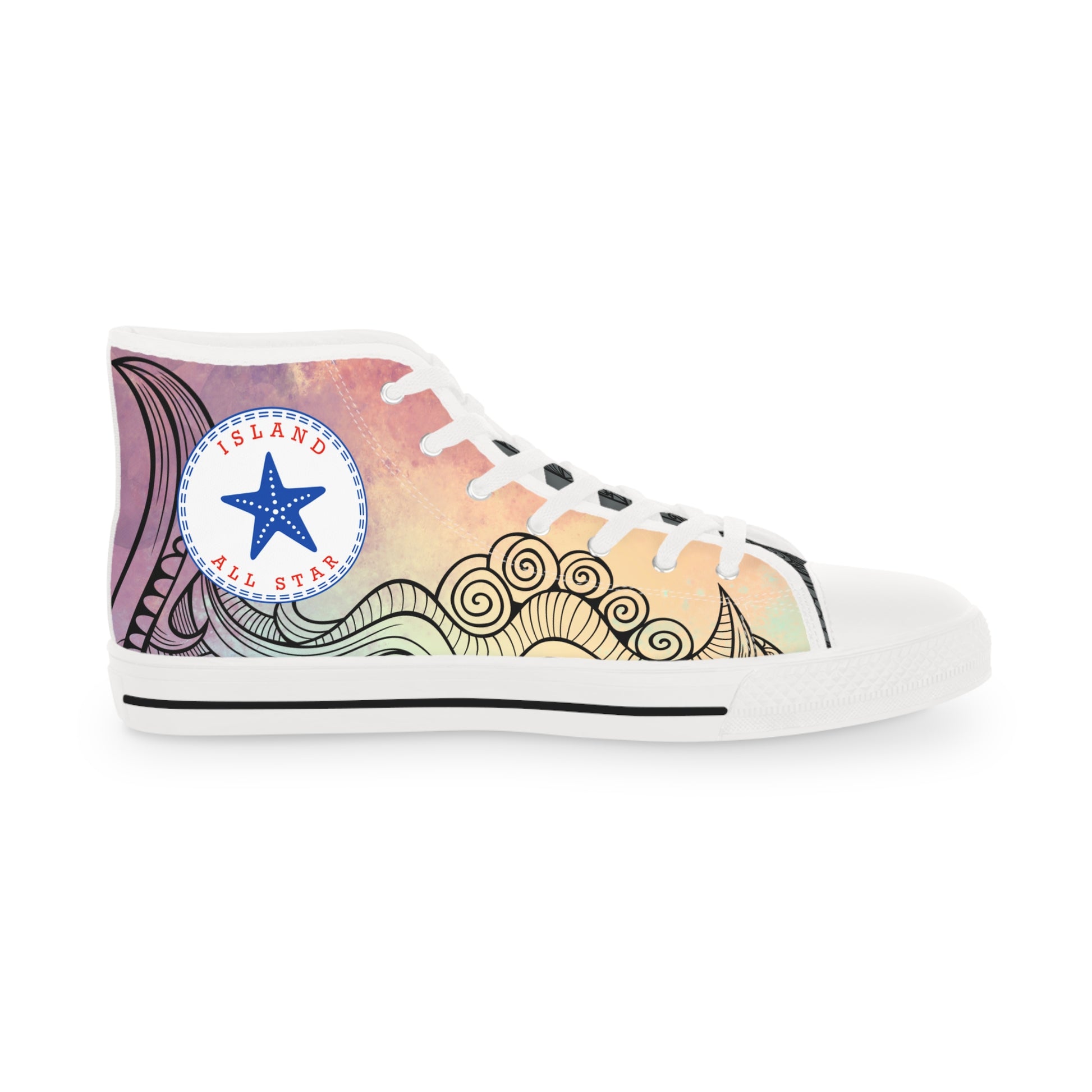 Red, orange, yellow colorful high-top sneakers with tribal tattoo graphic design, white soles - Island Drops shoes collection | Unisex High top shoes
