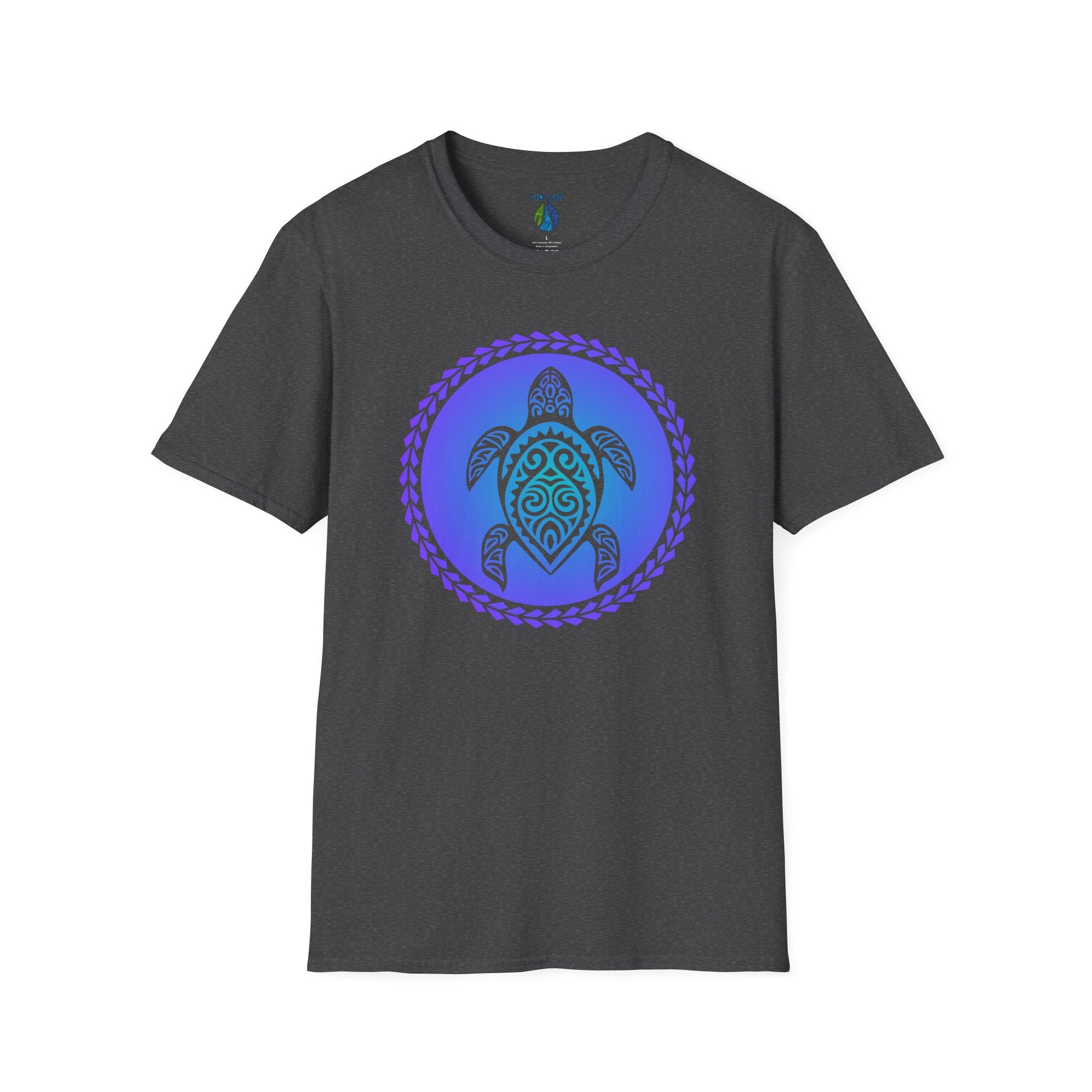 Gray t-shirt with a gradient blue turtle graphic design and tribal patterns  - Island Drops t-shirt collection | Unisex t-shirts