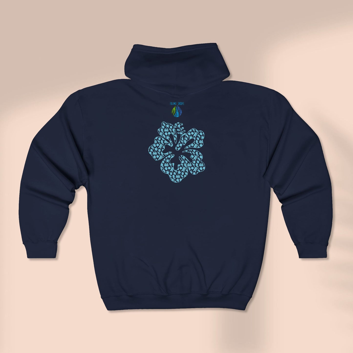 Back of full zip hoodie with a stylized hibiscus graphic design - Island Drops hoodie collection | Unisex zipper hoodie