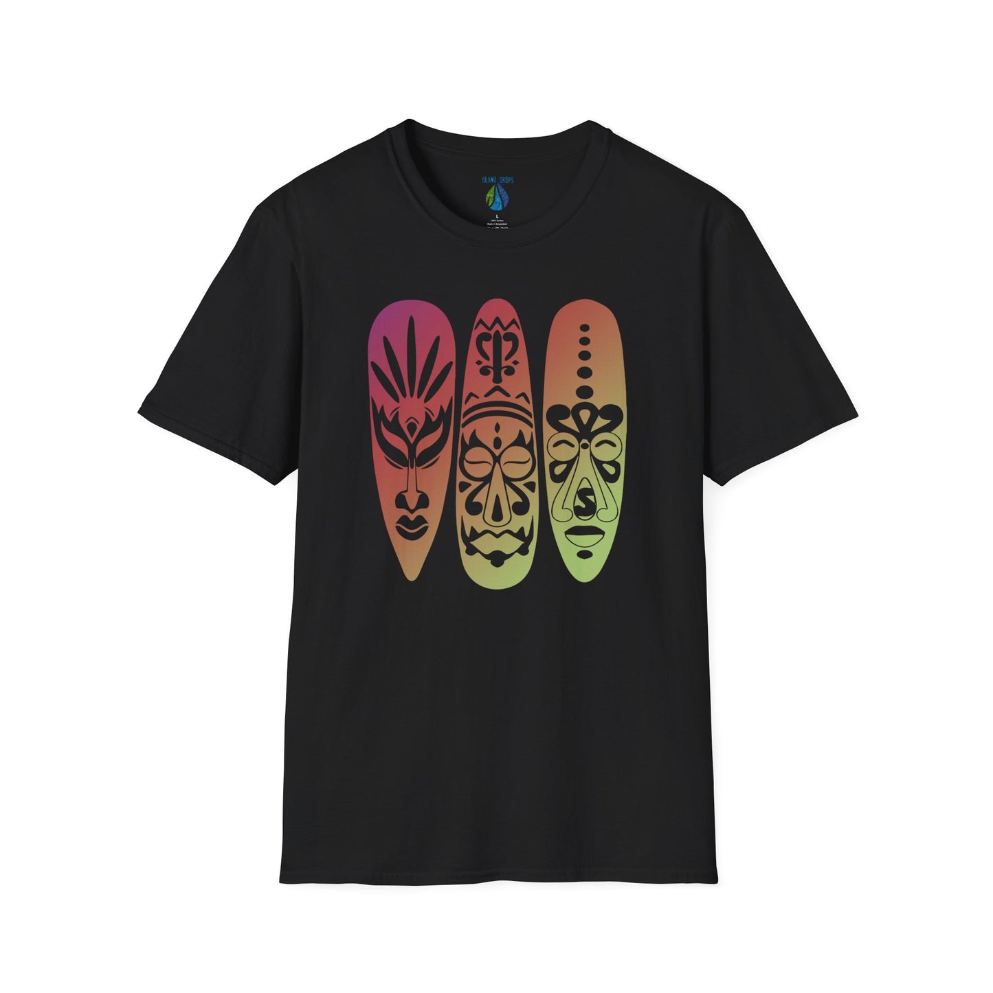 Black t-shirt  with colorful gradient island masks graphic design - Island Drops t-shirt collection | Unisex t-shirts